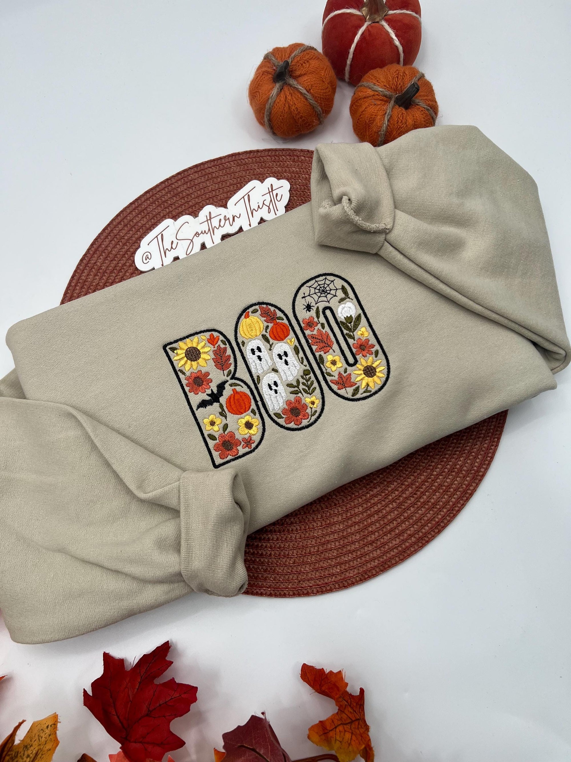 Embroidered BOO Halloween Sweatshirt – Cute Fall Pullover with Flowers and Ghosts