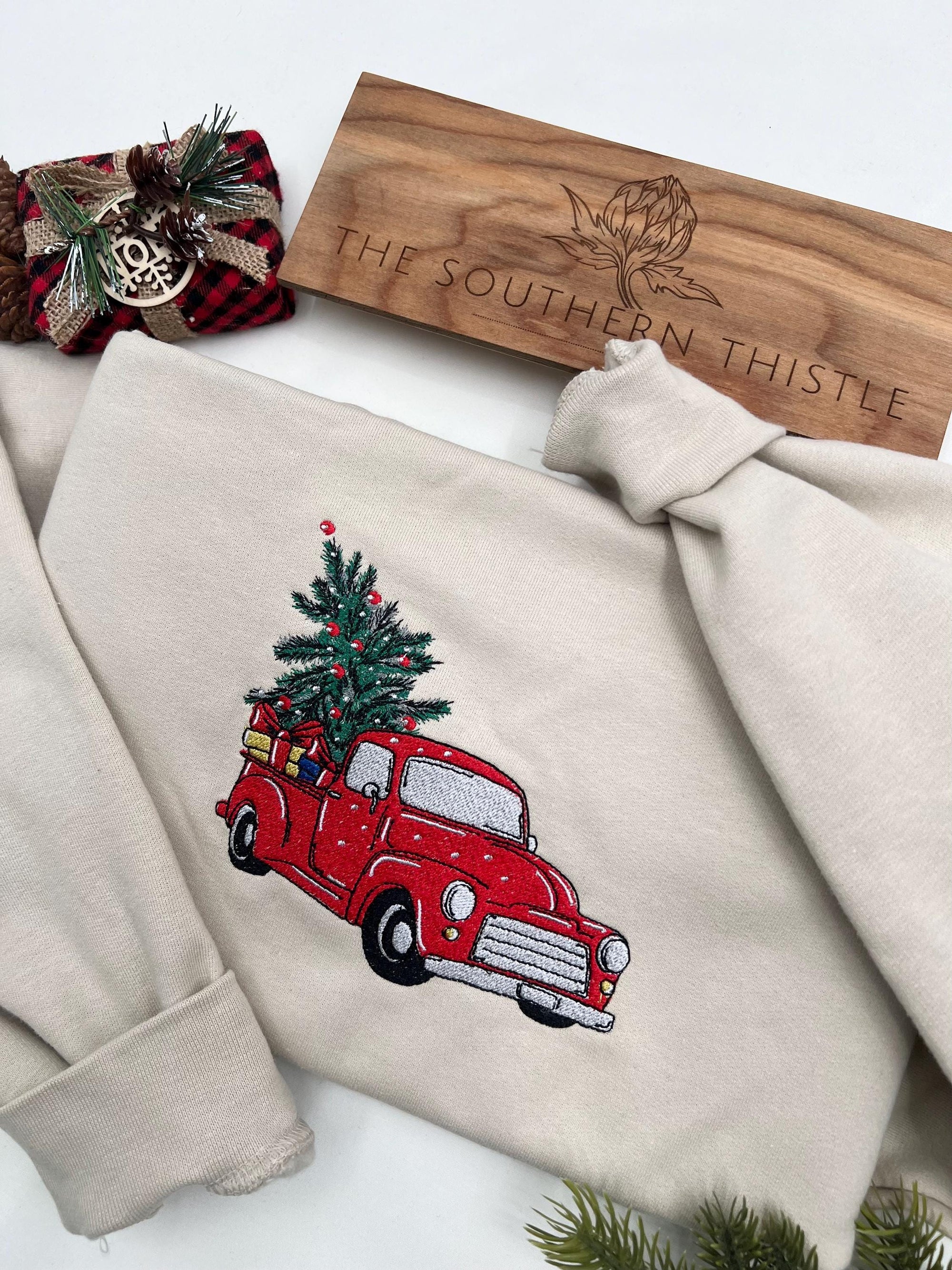 Embroidered Christmas Truck Sweatshirt - Custom Cozy Sweater Gift for Her
