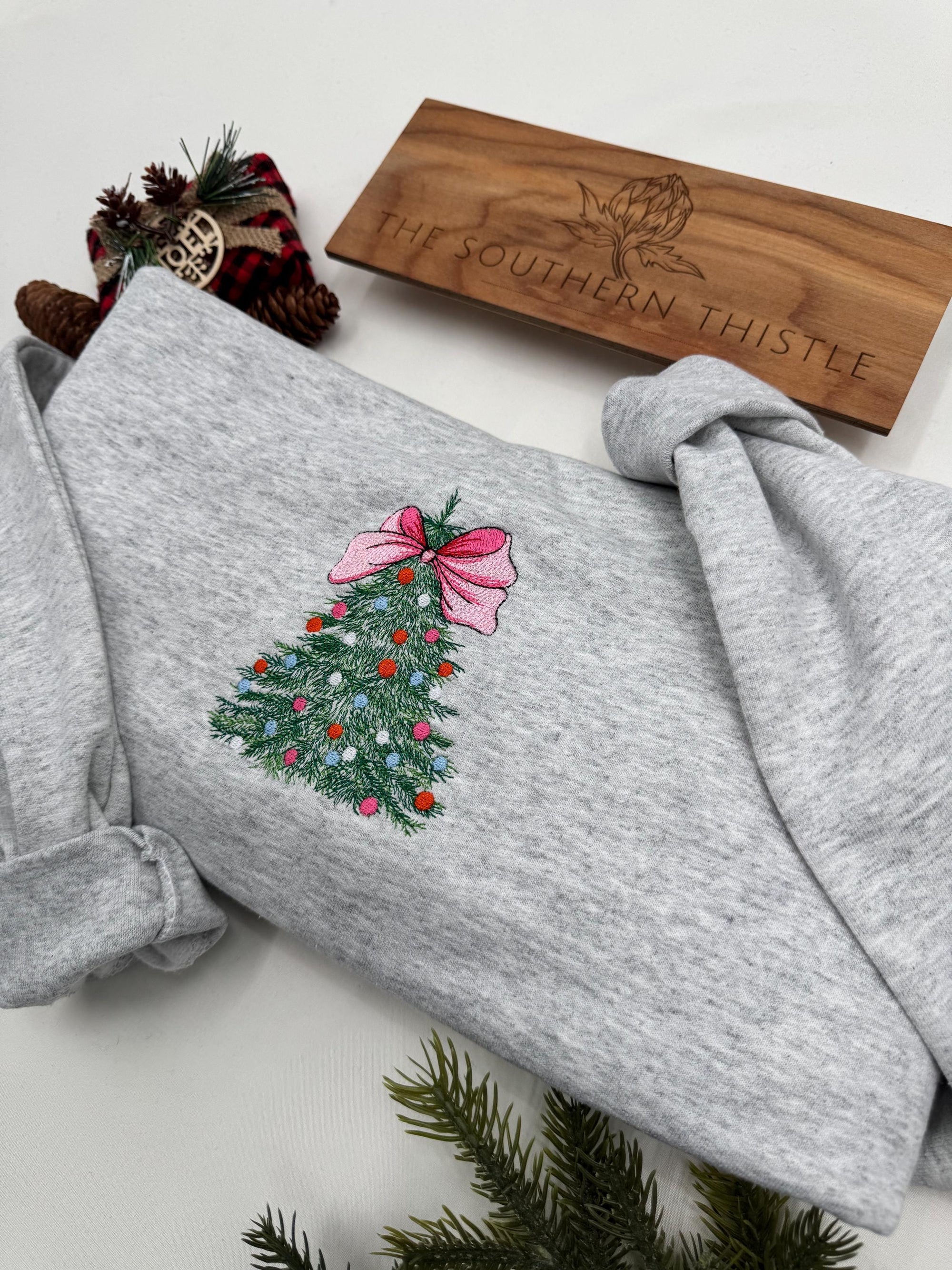Embroidered Christmas Tree Sweatshirt - Cozy Crewneck for Festive Winter Comfort