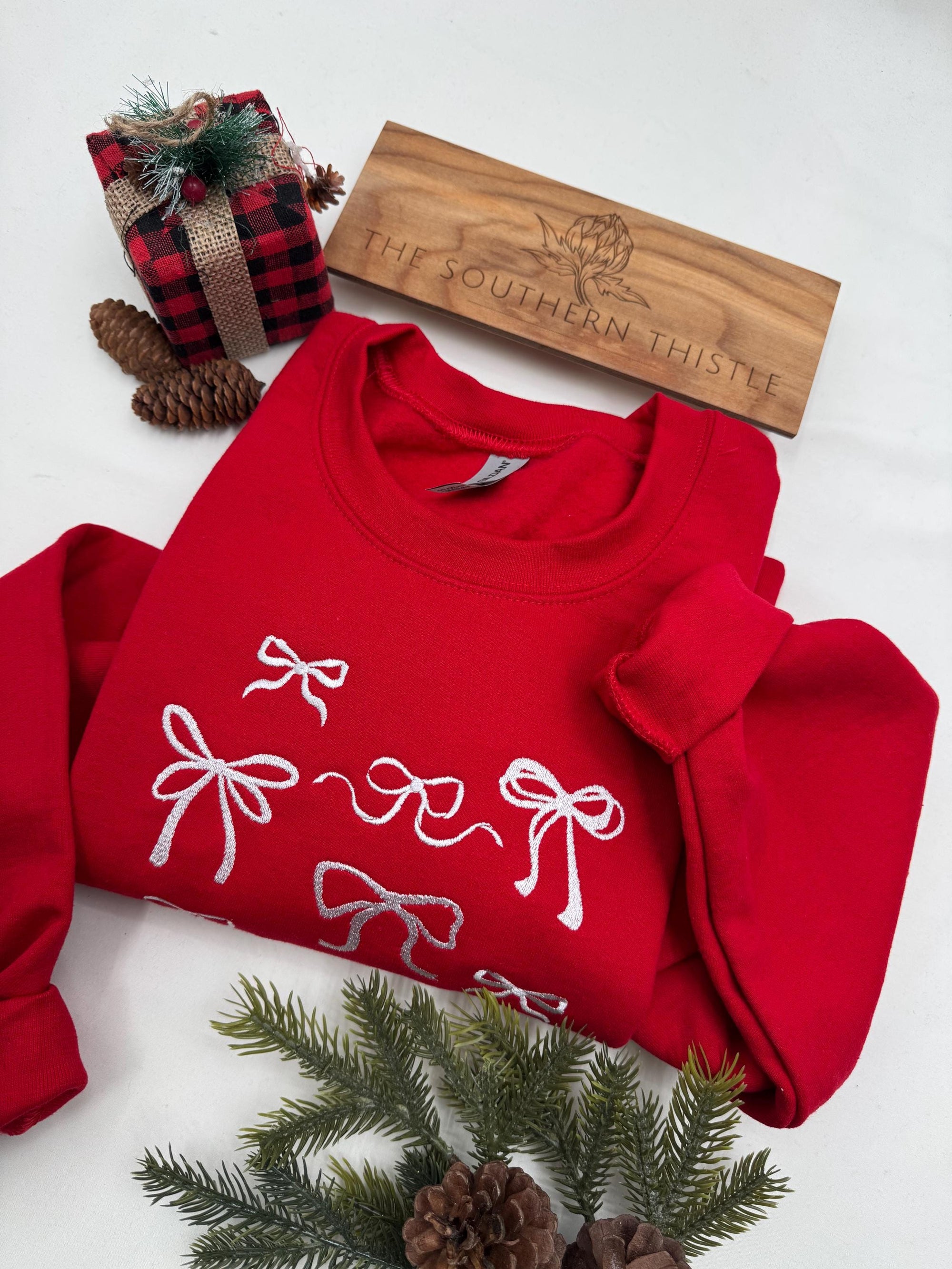Embroidered Bows Sweatshirt - Bow Christmas Gift - Holiday Bow Sweatshirt - Gift for Her, Bow Sweatshirt, Trendy Coquette Bow Christmas Gift