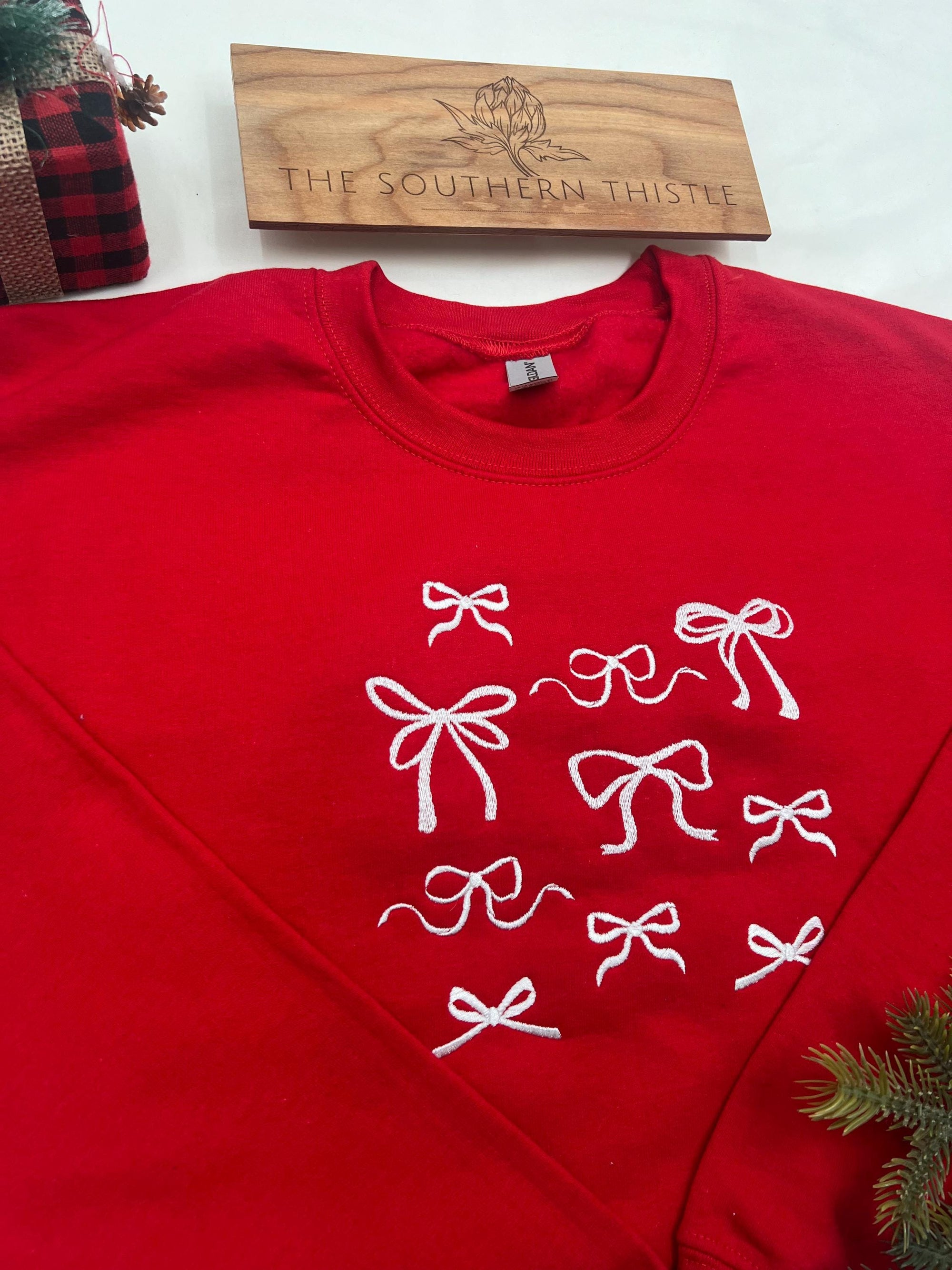 Embroidered Bows Sweatshirt - Bow Christmas Gift - Holiday Bow Sweatshirt - Gift for Her, Bow Sweatshirt, Trendy Coquette Bow Christmas Gift