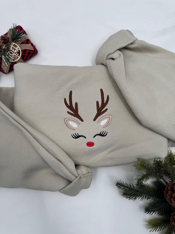 Embroidered Reindeer Sweatshirt - Classic Christmas Crewneck for Holiday Festivities