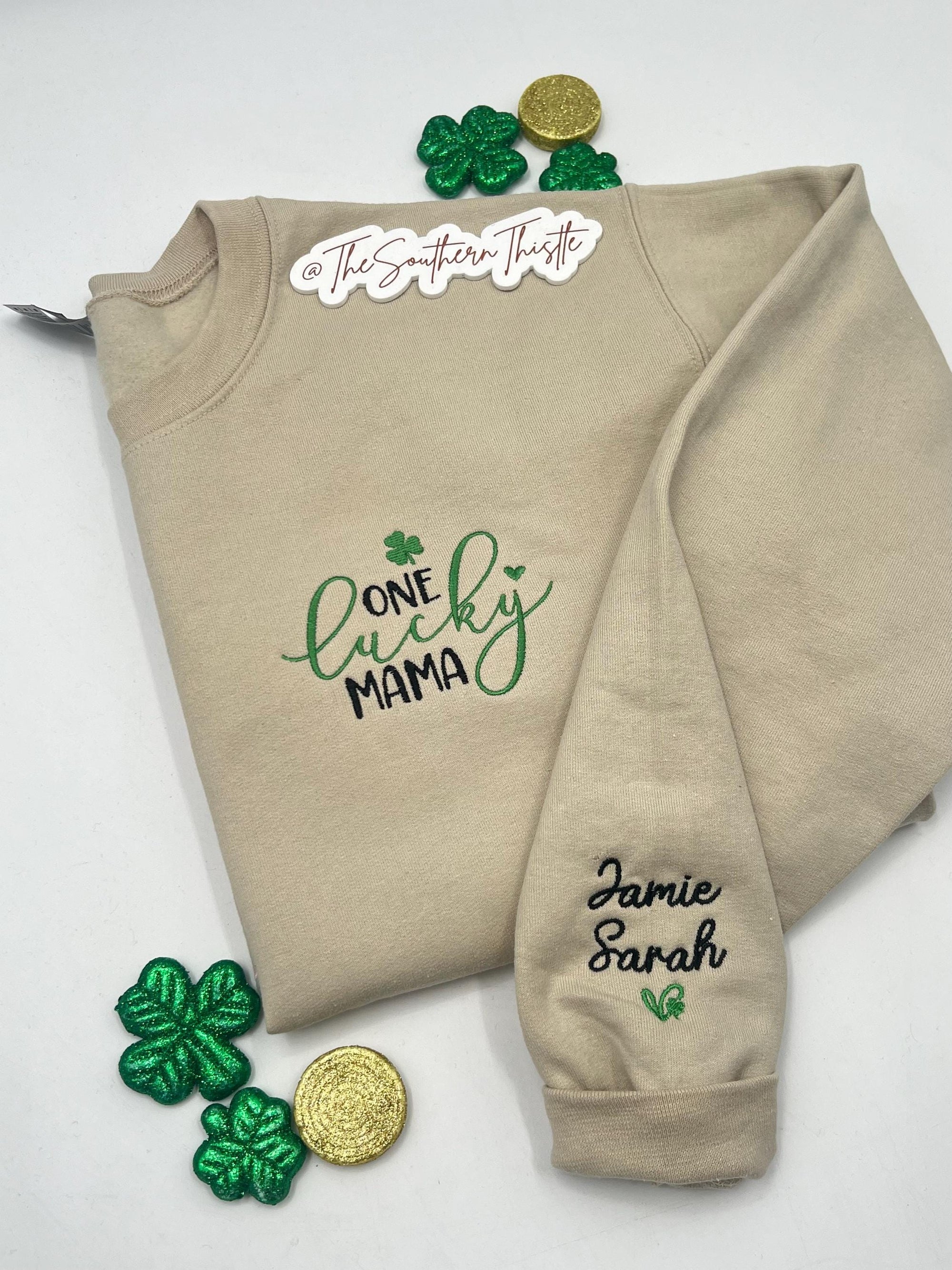 Lucky Mama Sweatshirt One Lucky Mama Sweatshirt - Custom Names on Sleeve - St. Patrick's Day Gift - Perfect for New Moms - Unique Mom Gift