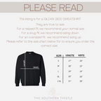 The image is a listing for a GILDA 1800 SWEATSHIRT, providing size recommendations for different body types.