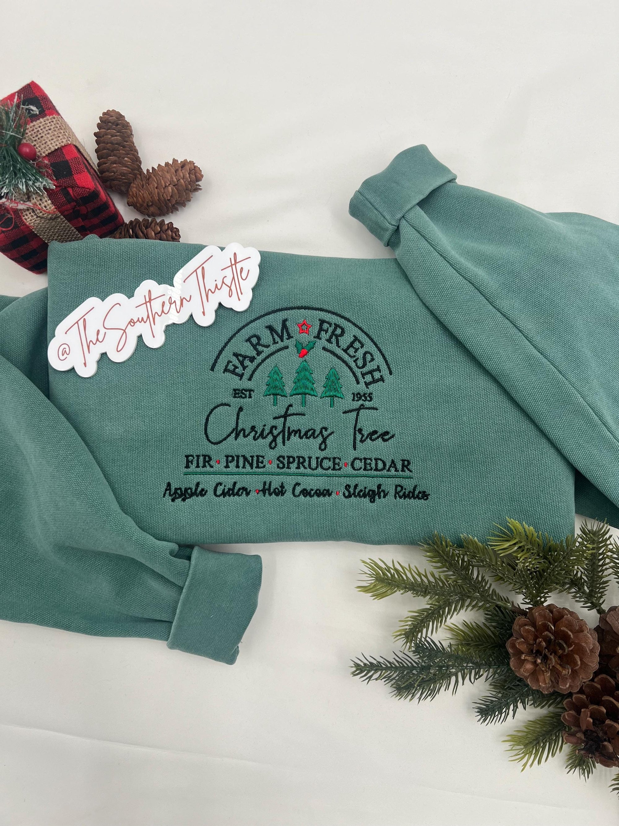 Farm Fresh Christmas Trees Sweatshirt - Embroidered Holiday Crewneck - Festive Apparel for Women- Embroidered Holiday Crewneck