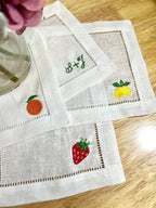 Embroidered Linen Napkins - Custom Cocktail Name Set of 6 with Fruit Design