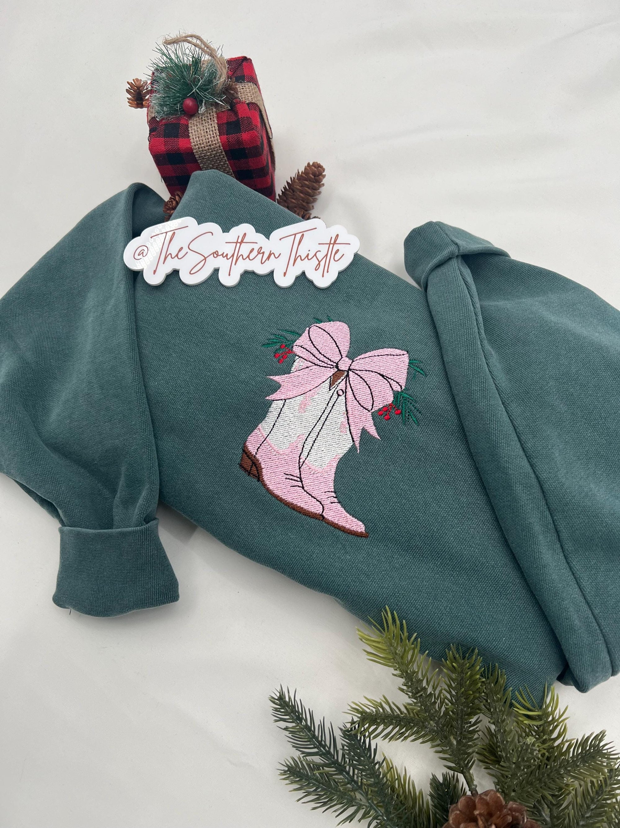 Holiday Boots Embroidered Sweatshirt - Western Christmas - Embroidered Holiday Crewneck - Festive Apparel for Women - Holiday Sweatshirt