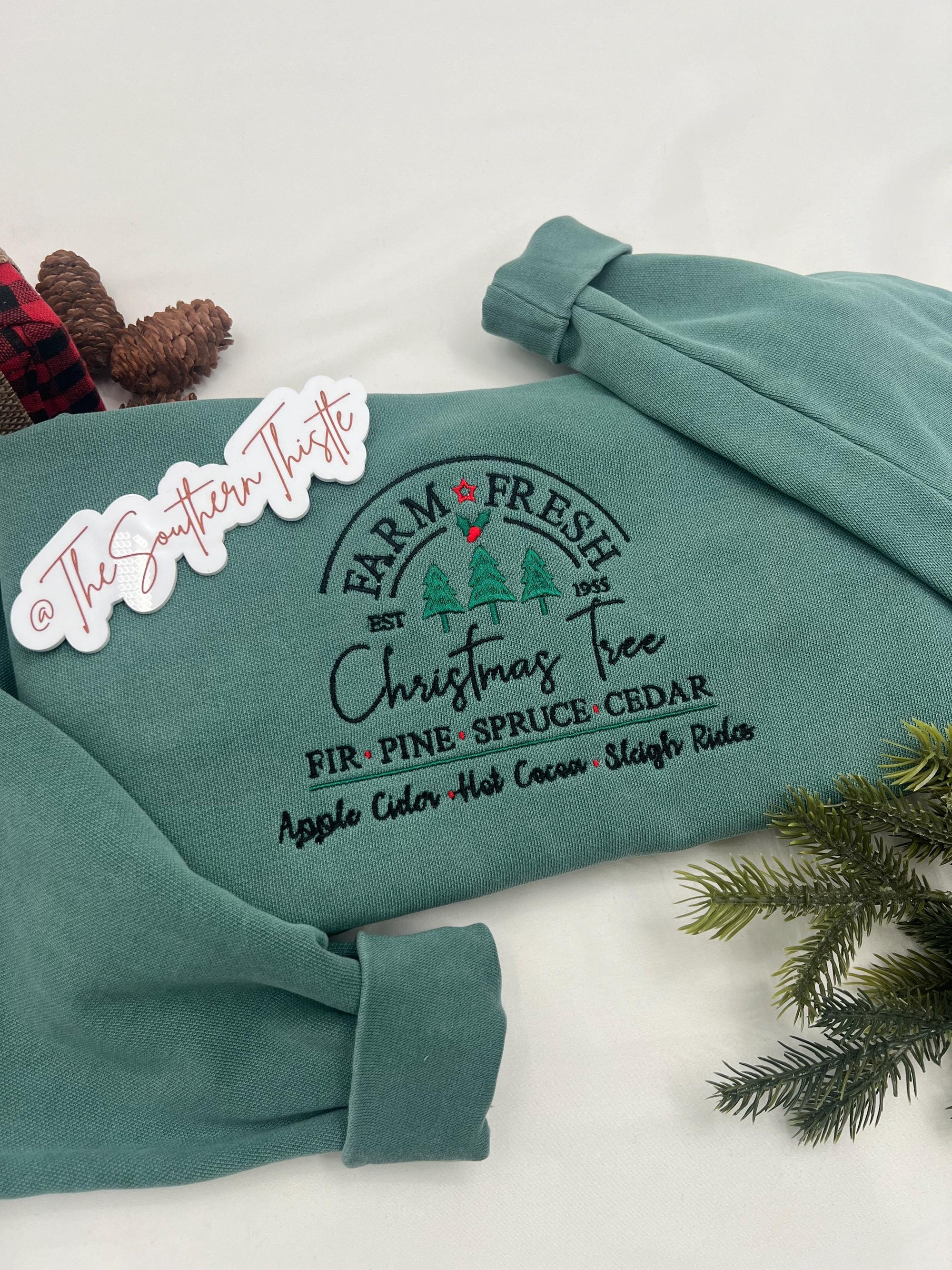 Farm Fresh Christmas Trees Sweatshirt - Embroidered Holiday Crewneck - Festive Apparel for Women- Embroidered Holiday Crewneck