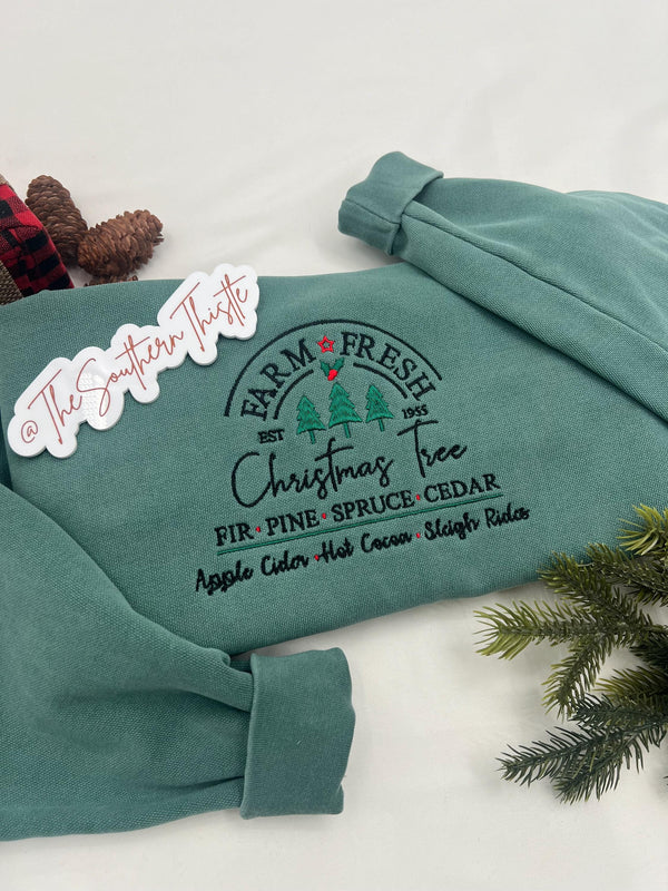 Farm Fresh Christmas Trees Sweatshirt - Embroidered Holiday Crewneck - Festive Apparel for Women- Embroidered Holiday Crewneck