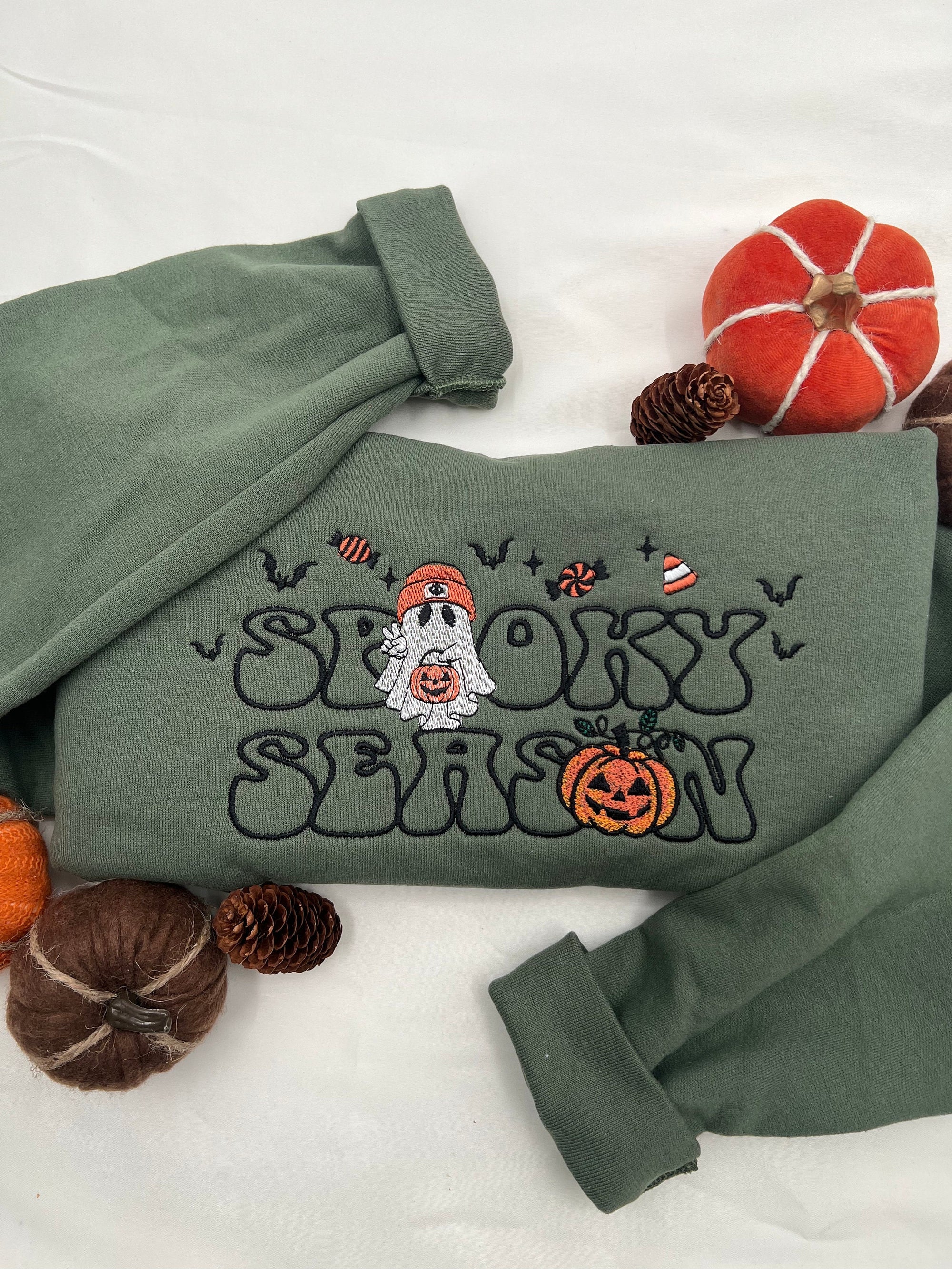Spooky Season Embroidered Sweatshirt – Cute Ghost and Pumpkin Halloween Pullover