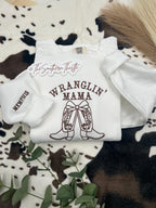 Wranglin’ Mama Embroidered Sweatshirt – Western Boots Design with Custom Sleeve Name