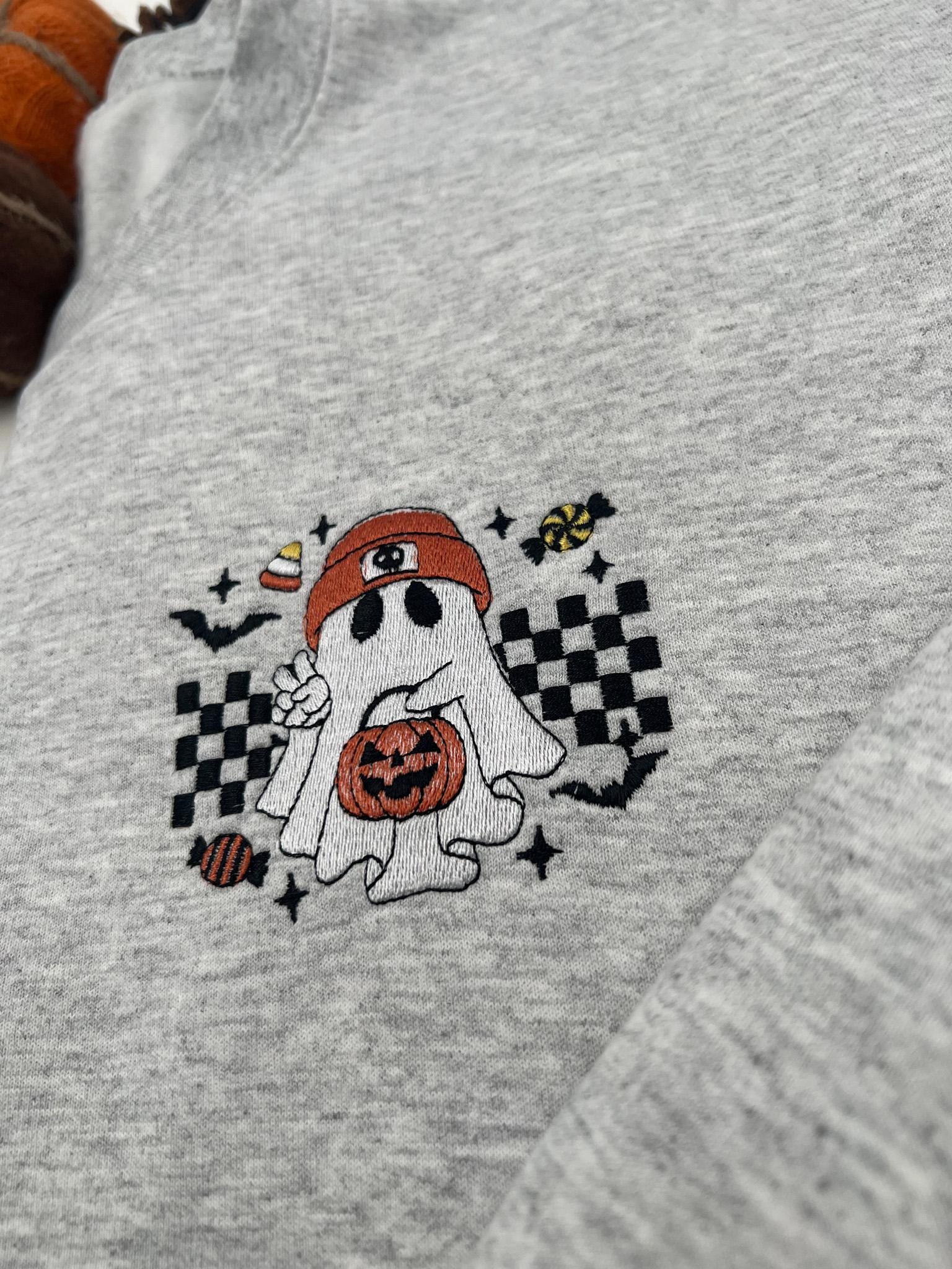 Checkered Ghost Embroidered Sweatshirt – Cute Halloween Pullover