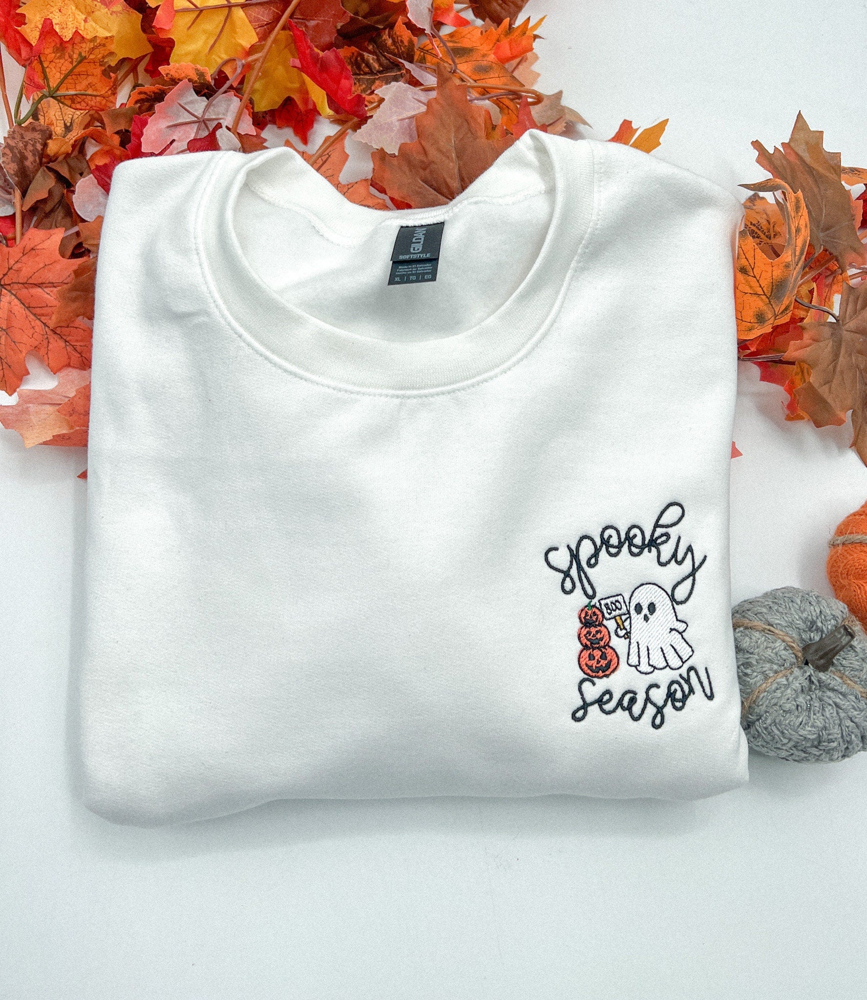 Spooky Season Embroidered Sweatshirt – Dancing Ghost with Hat and Pumpkin