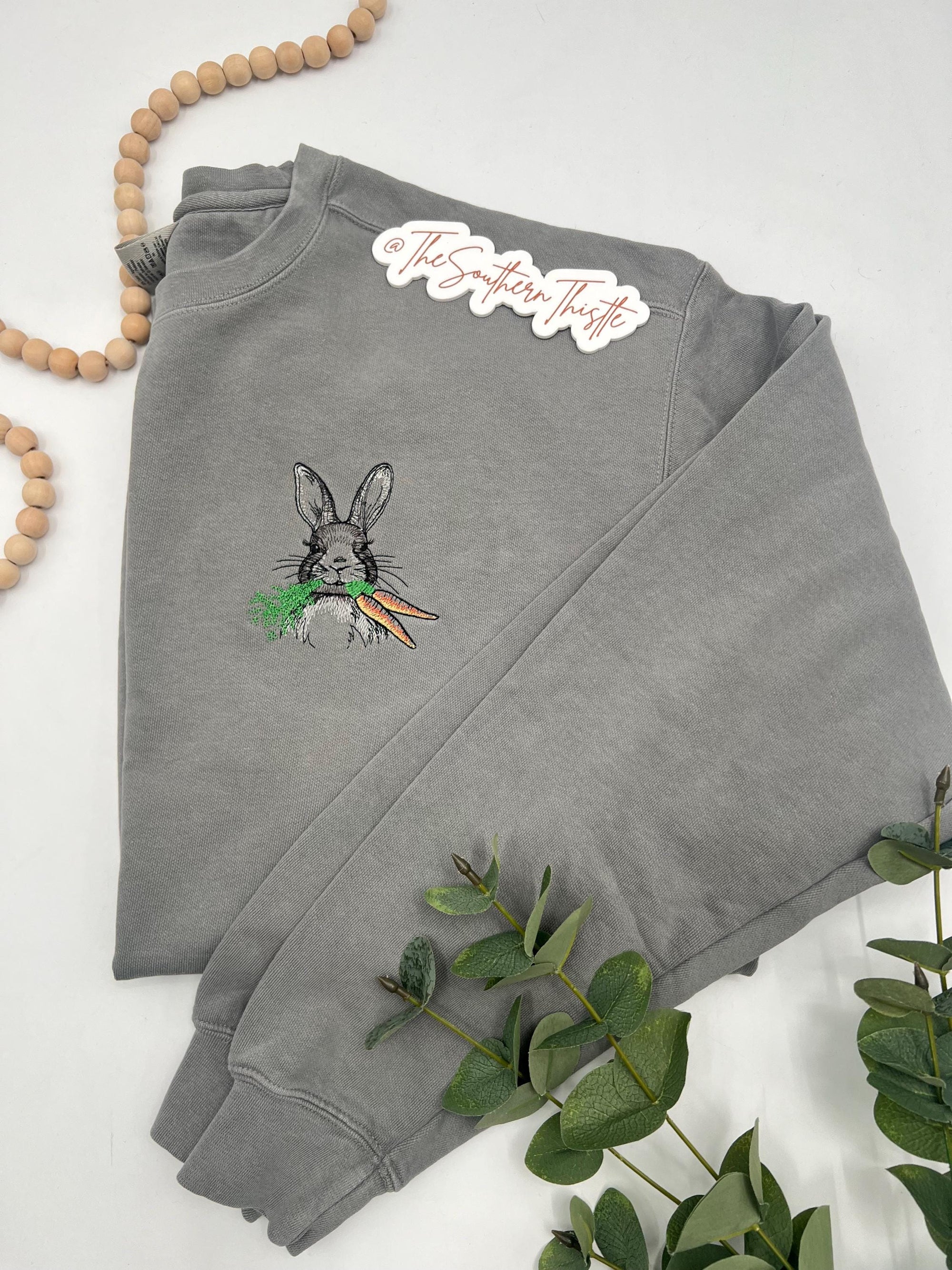 Bunny with Carrots Embroidered Sweatshirt – Cozy Spring Crewneck