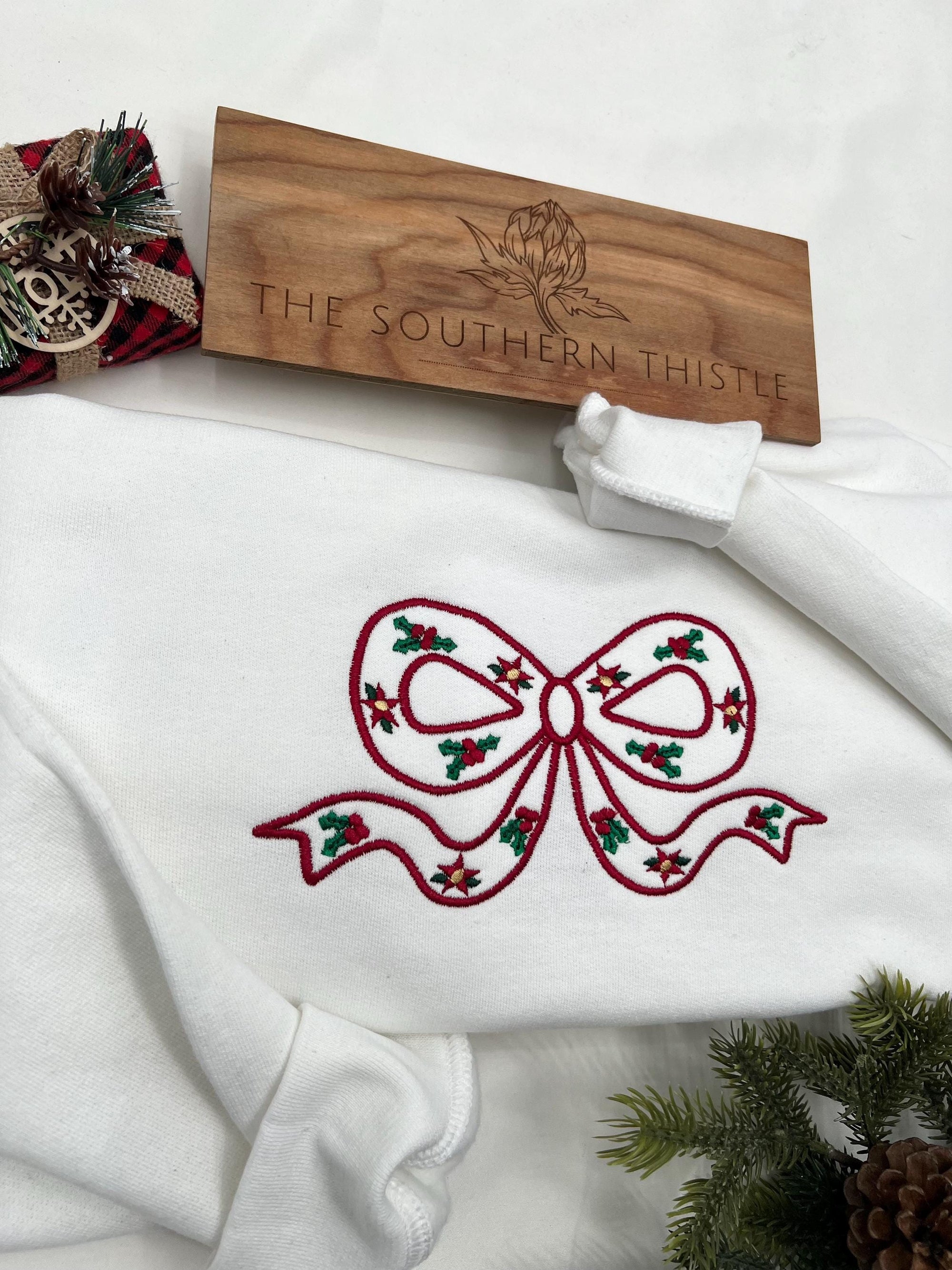 Embroidered Christmas Bow Sweatshirt - Custom Xmas Gift - Holiday Sweatshirt - Gift for Her - Bow Sweatshirt - Trendy Coquette Bow