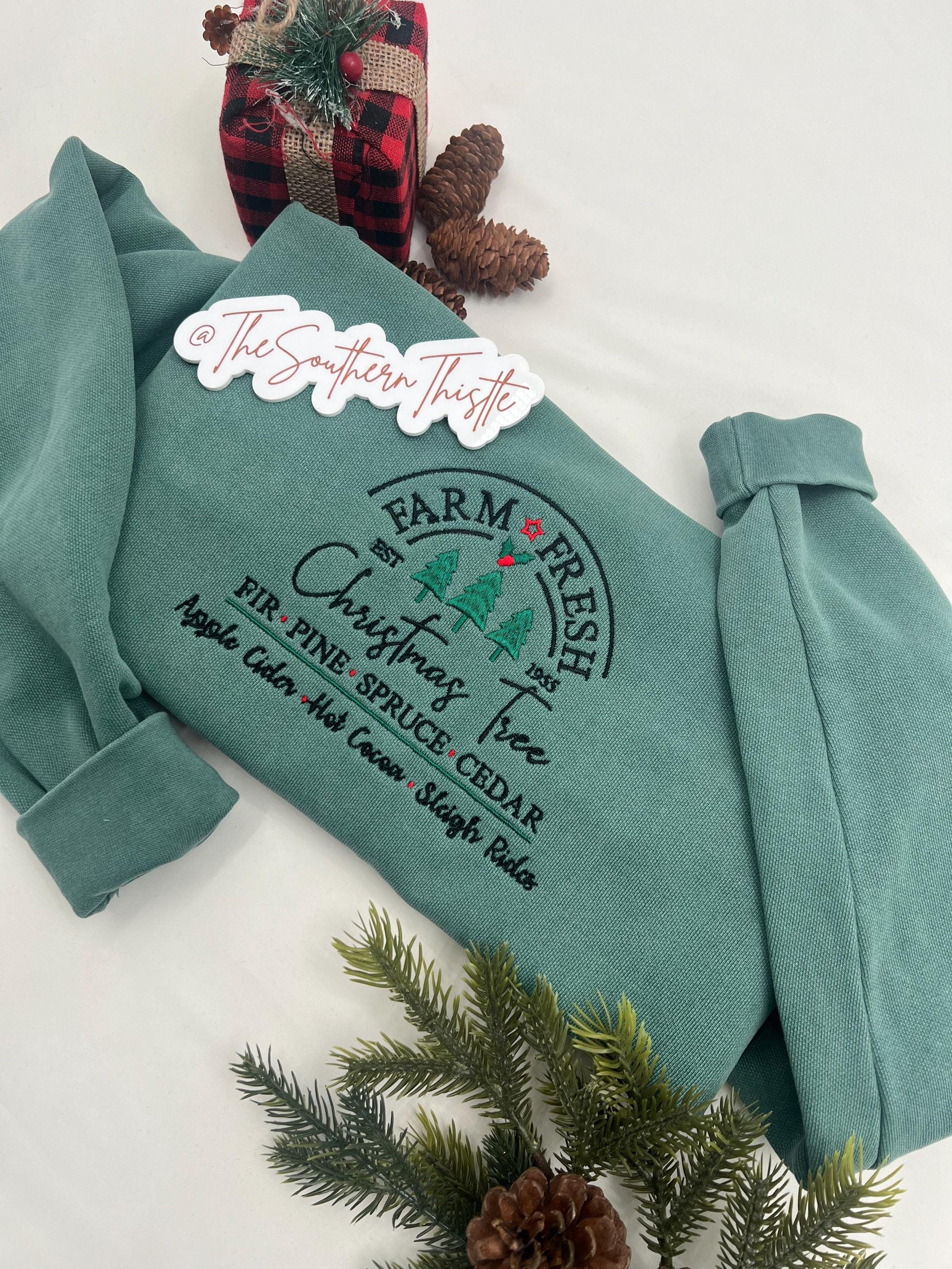 Farm Fresh Christmas Trees Sweatshirt - Embroidered Holiday Crewneck - Festive Apparel for Women- Embroidered Holiday Crewneck