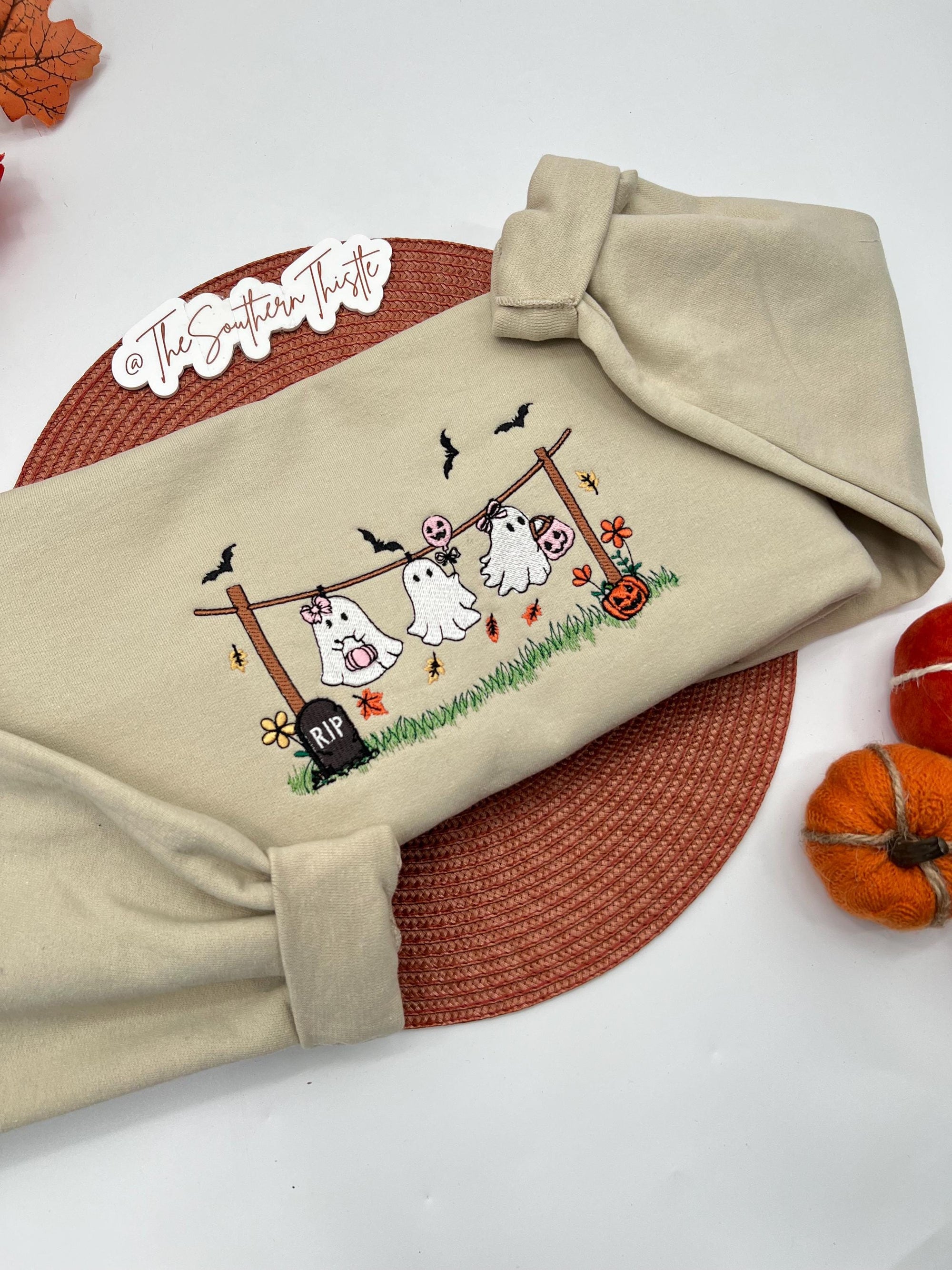 Halloween Ghost Clothesline Embroidered Sweatshirt – Cute Spooky Season Pullover
