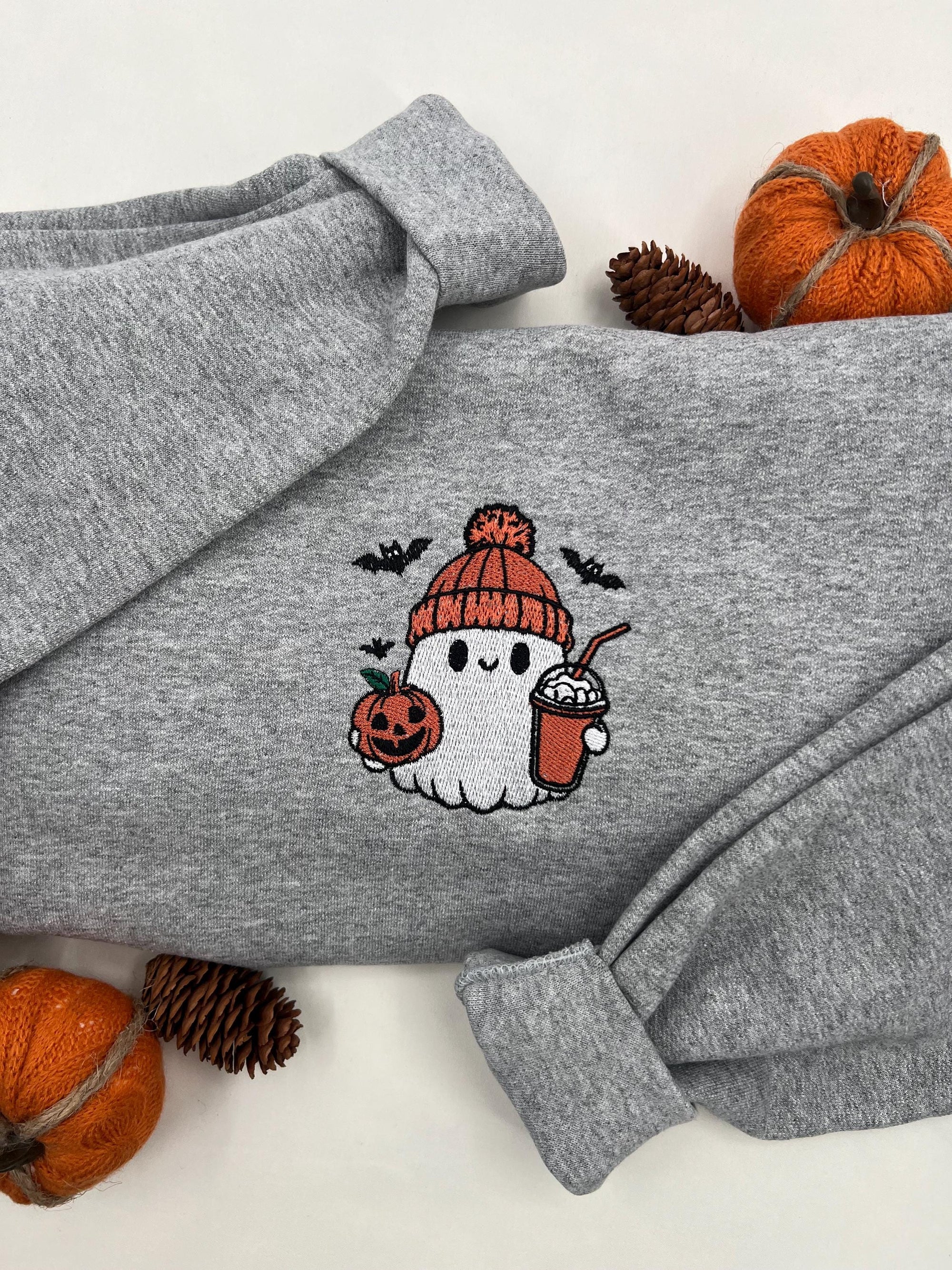Pumpkin Latte Ghost Embroidered Sweatshirt – Cute Fall & Halloween Pullover