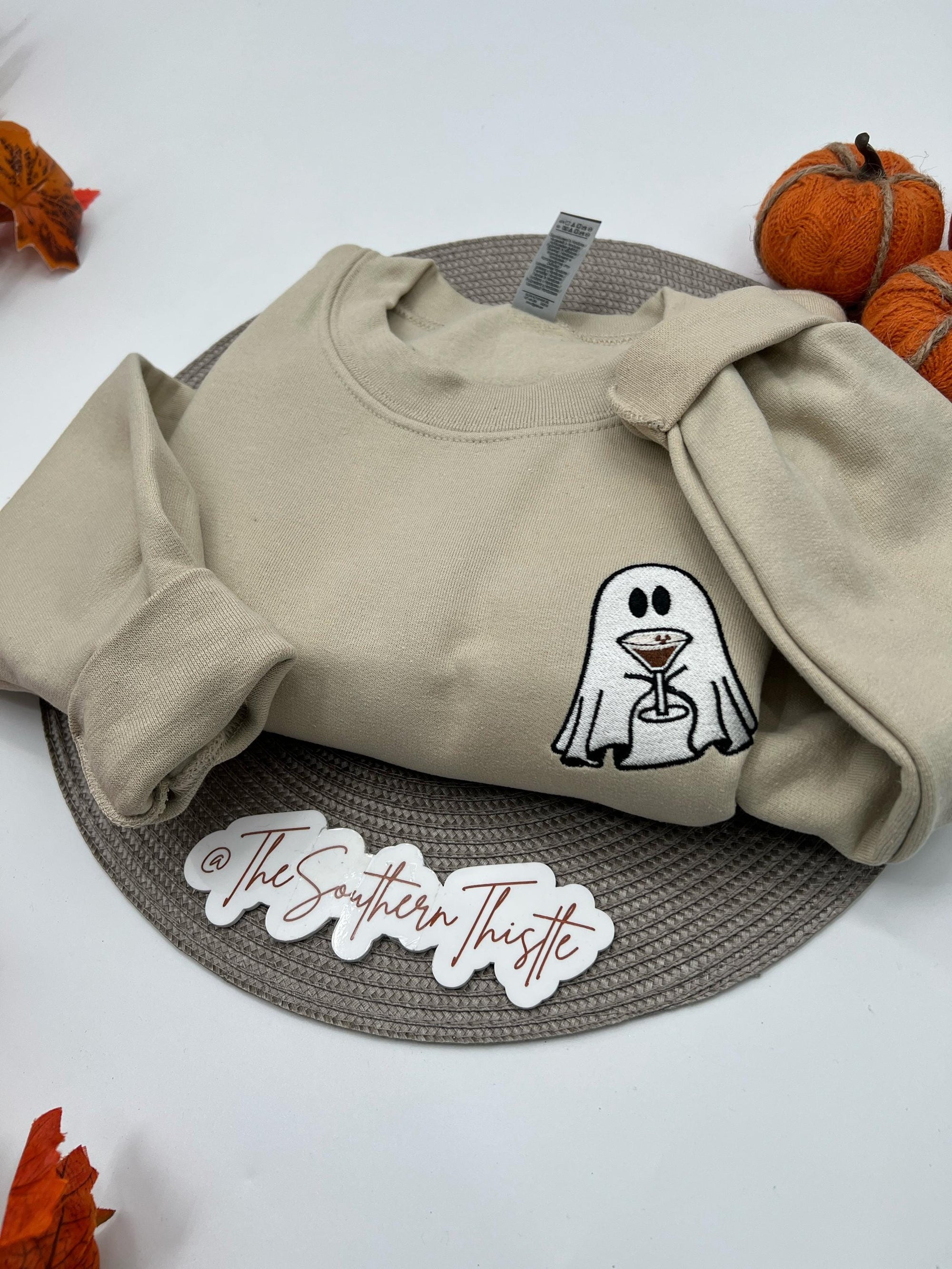 Ghost with Martini Embroidered Sweatshirt – Funny Halloween Cocktail Pullover