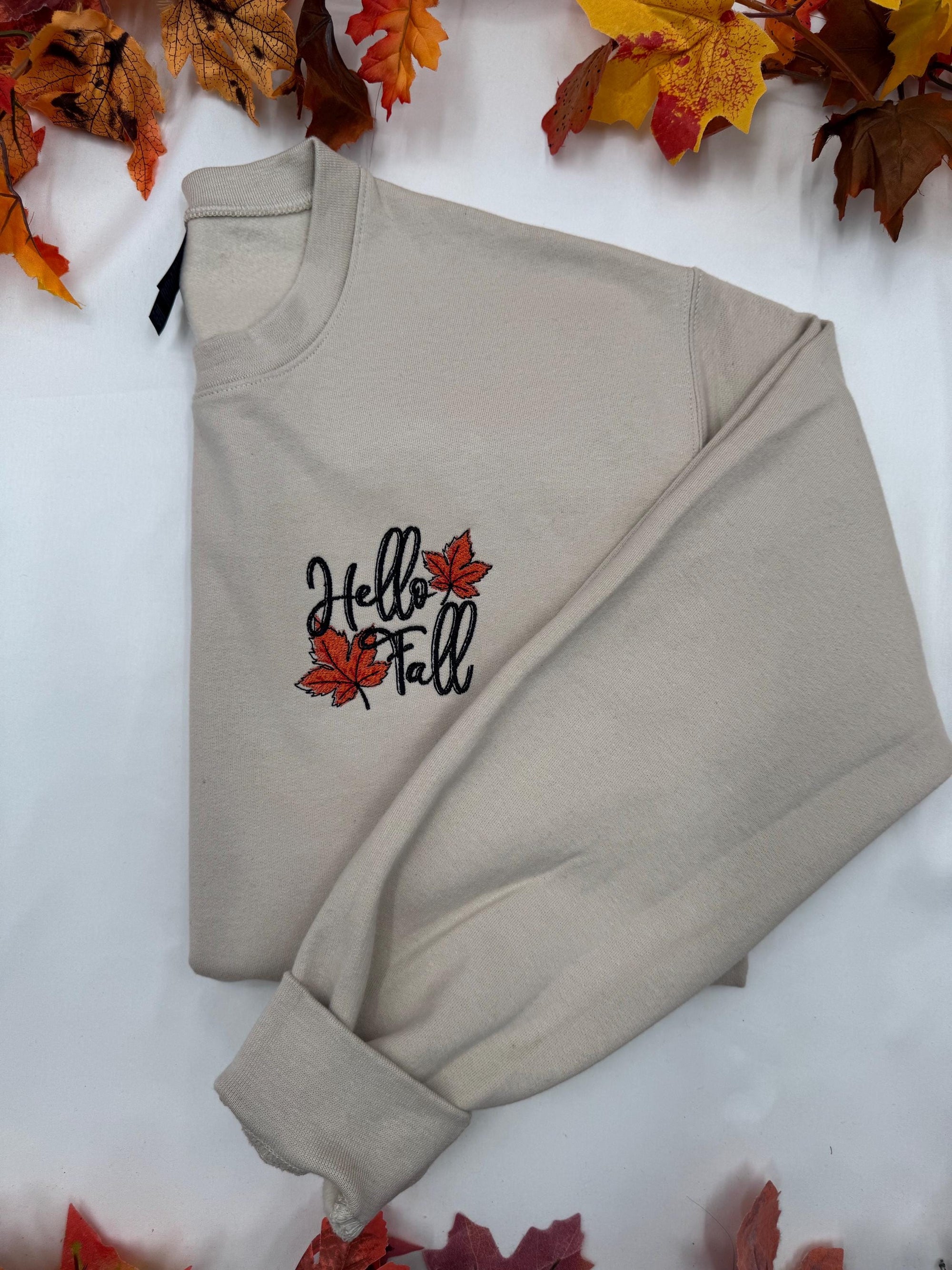 Hello Fall Embroidered Crewneck - Autumn Style Sweatshirt - Homebody Pumpkin Crewneck - Cozy Fall Apparel - Spooky Season Style