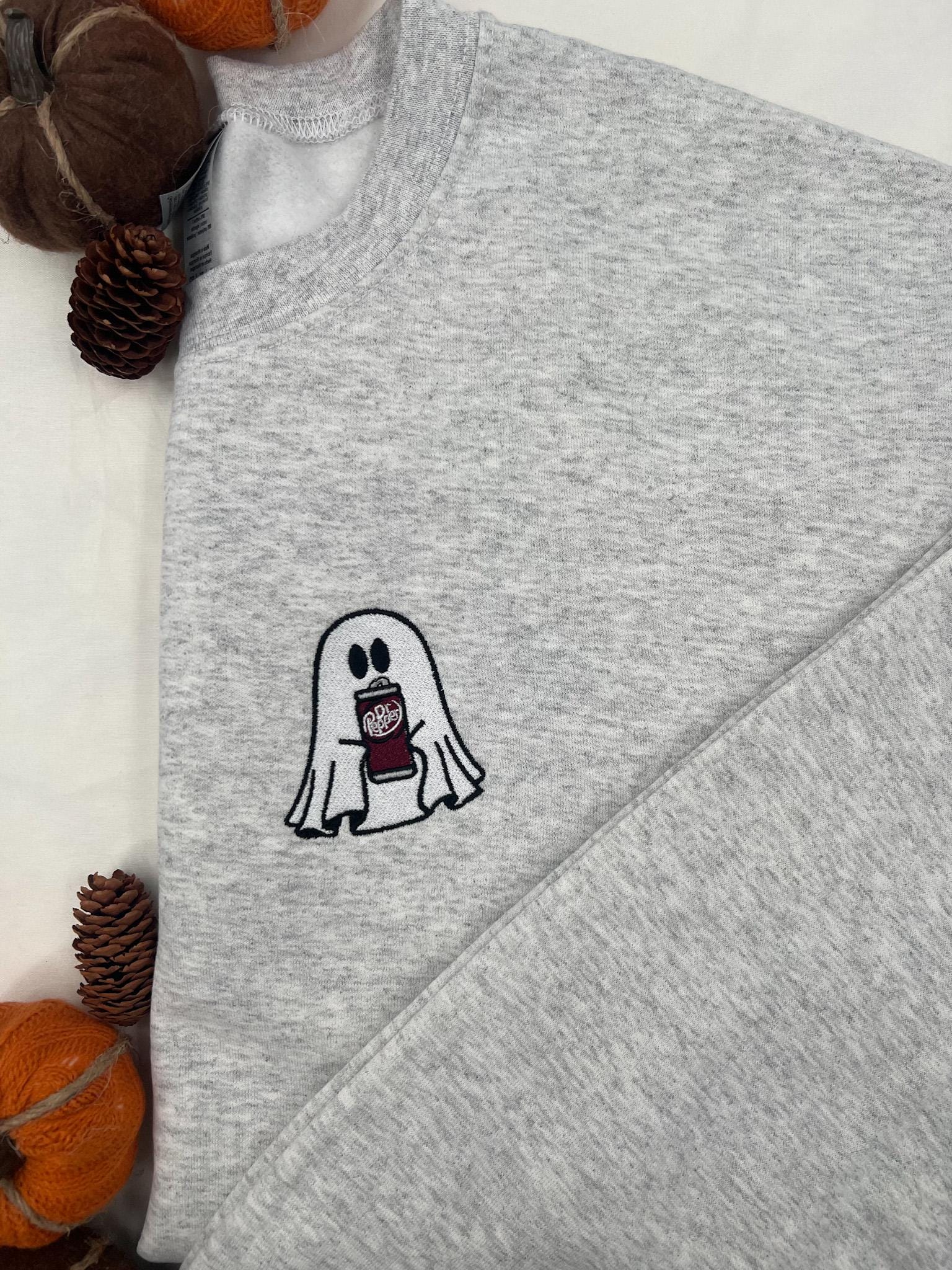 Dr Pepper Ghost Embroidered Sweatshirt – Mini Halloween Ghost with Soda Detail