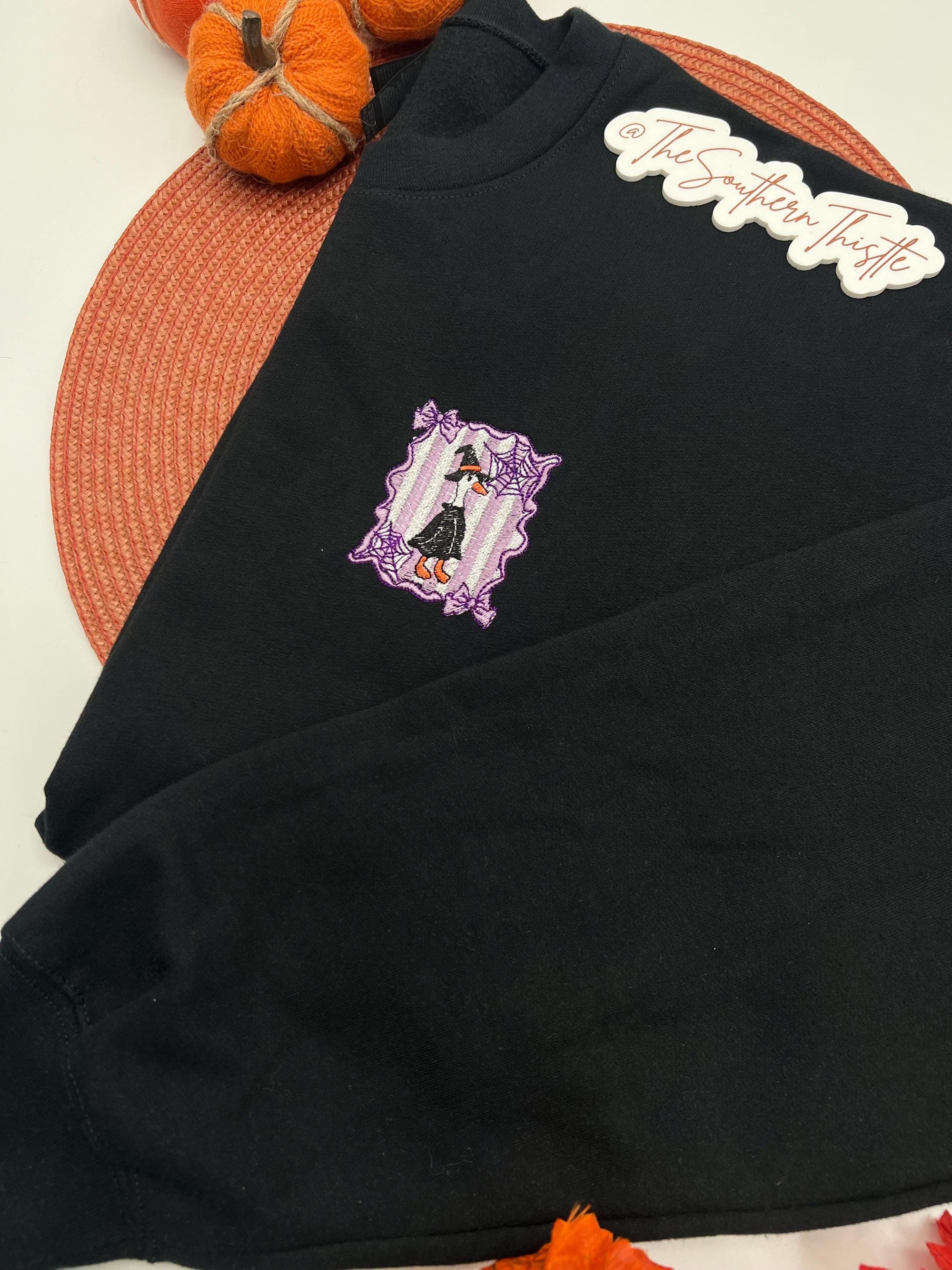 Witch Ghost Stamped Embroidered Sweatshirt – Cute Spooky Season Pullover