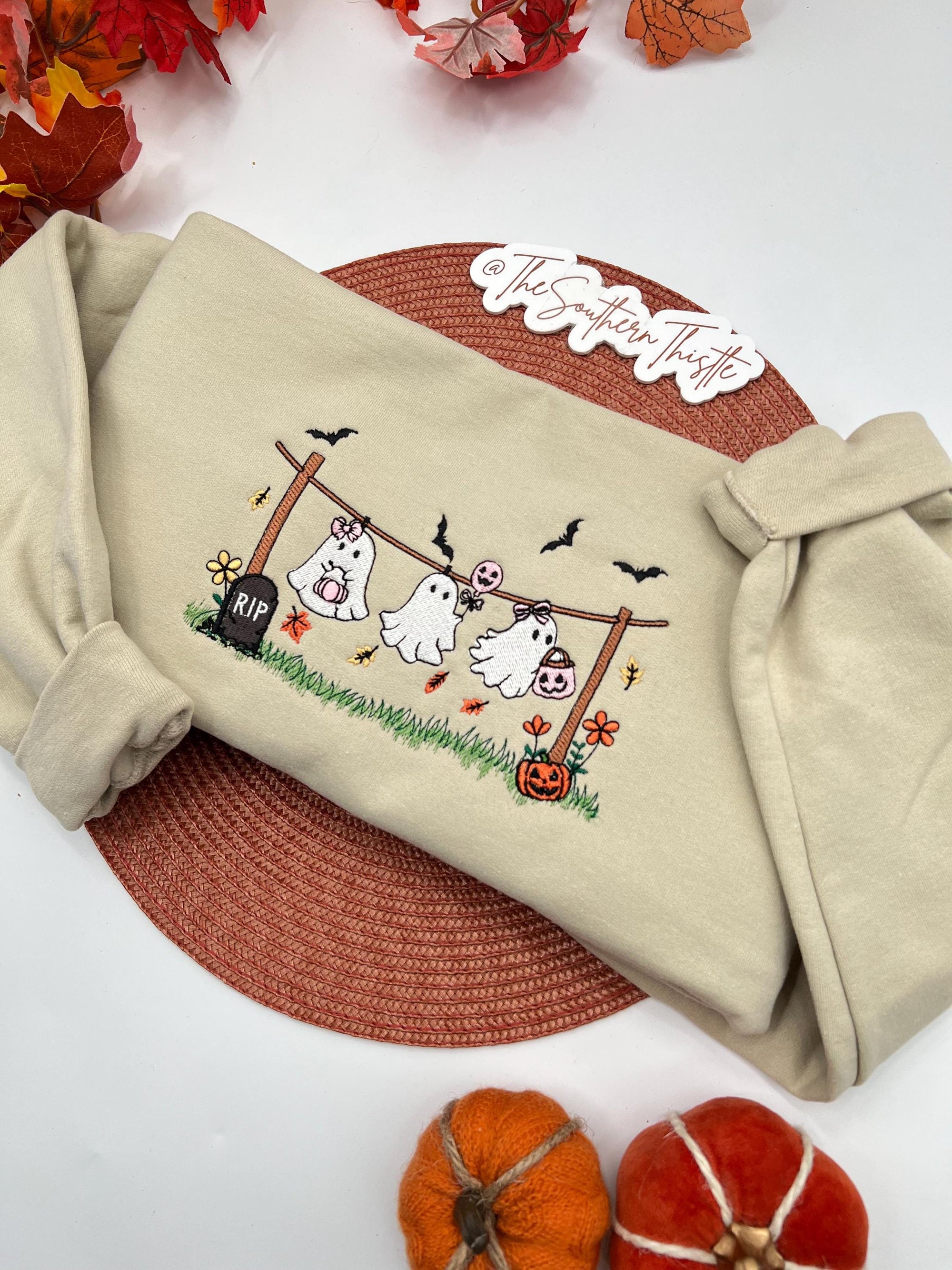 Halloween Ghost Clothesline Embroidered Sweatshirt – Cute Spooky Season Pullover