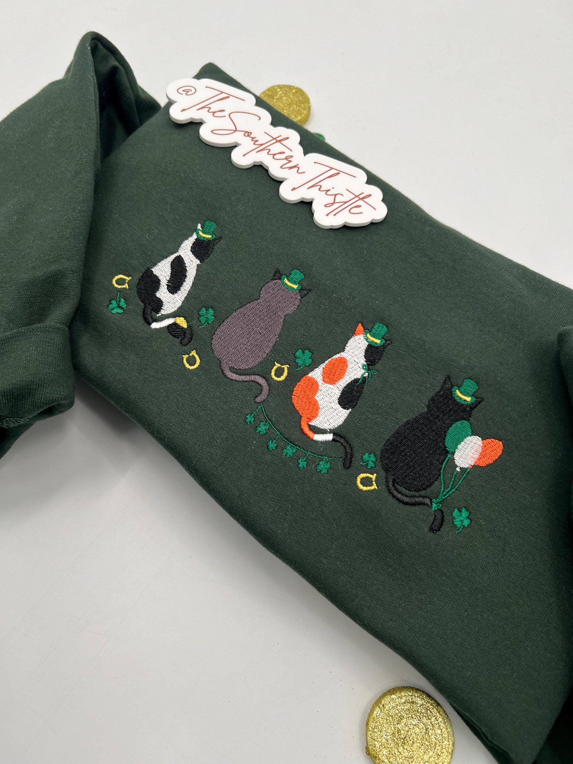 St. Patrick’s Day Lucky Cats Embroidered Sweatshirt – Festive Irish Crewneck