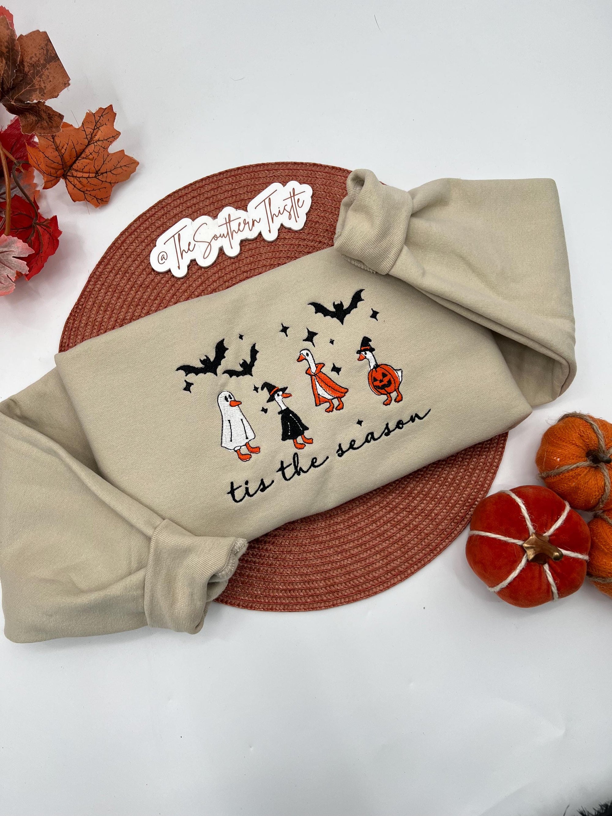 ’Tis the Season Goose Embroidered Sweatshirt – Cute Halloween Pullover with Witches and Pumpkins