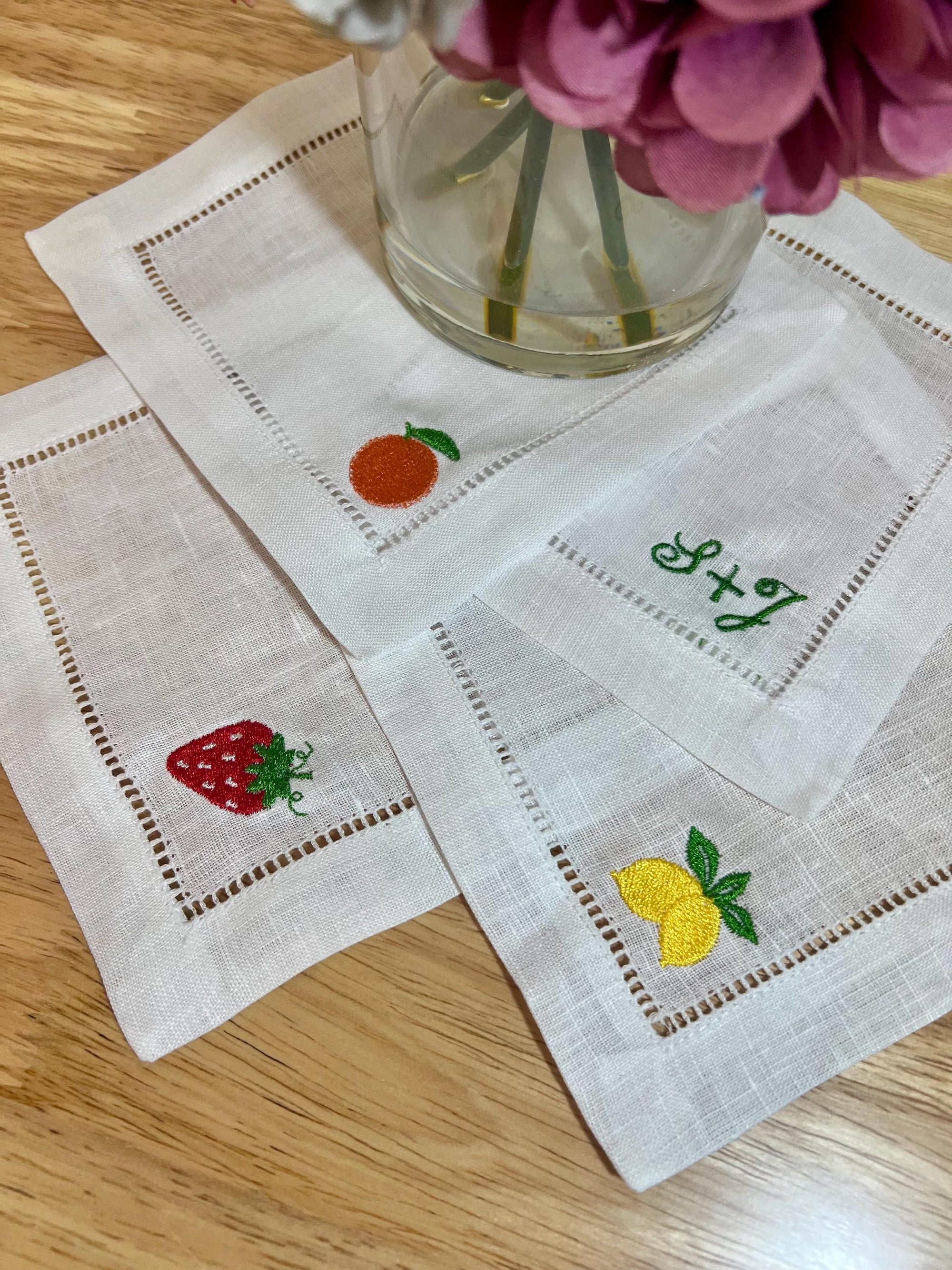 Embroidered Linen Napkins - Custom Cocktail Name Set of 6 with Fruit Design