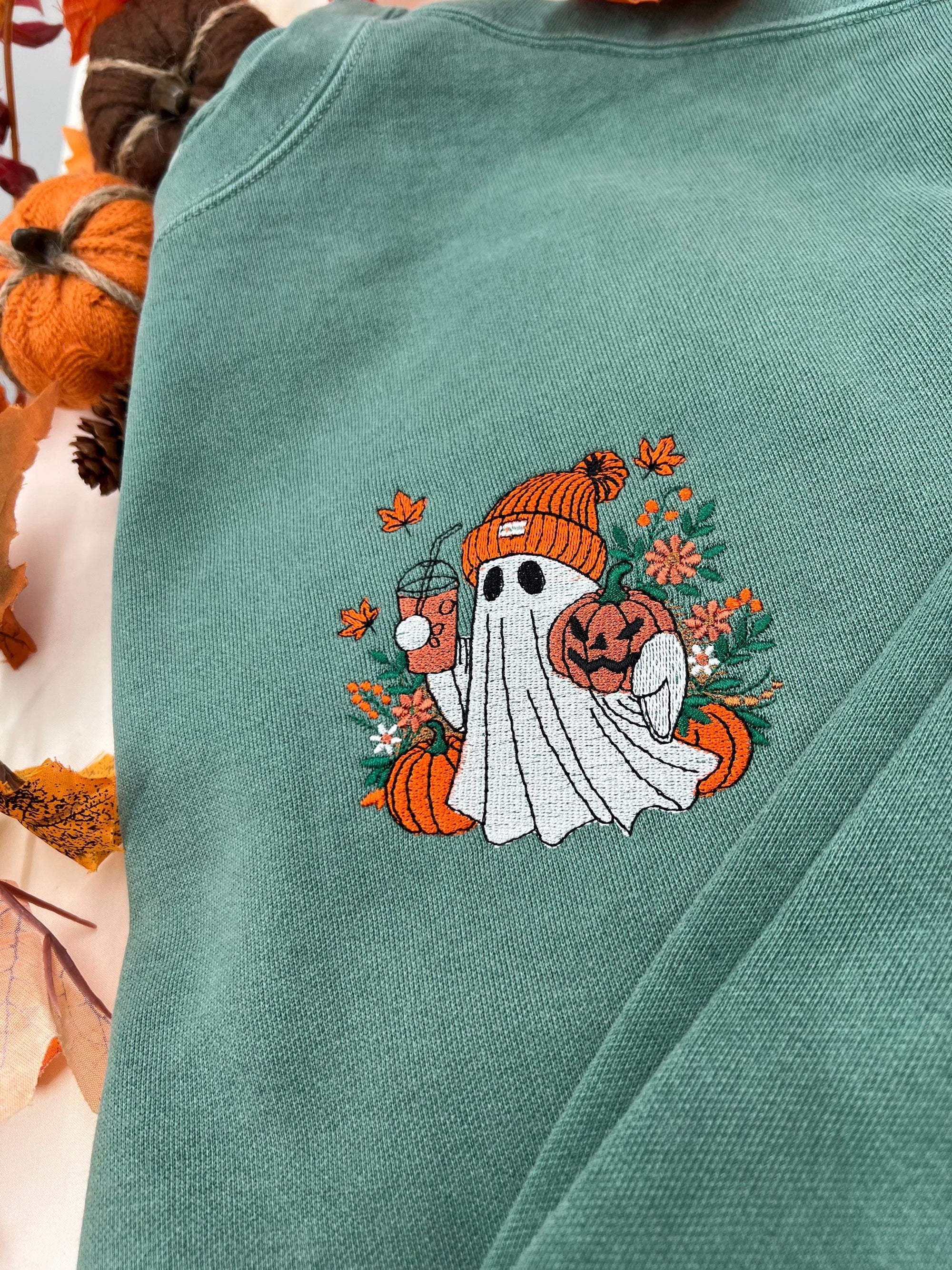 Fall Ghost Embroidered Sweatshirt - Halloween Sweatshirt, Embroidered Ghost, Halloween Crewneck, Cute Ghost Shirt, Fall Sweatshirt