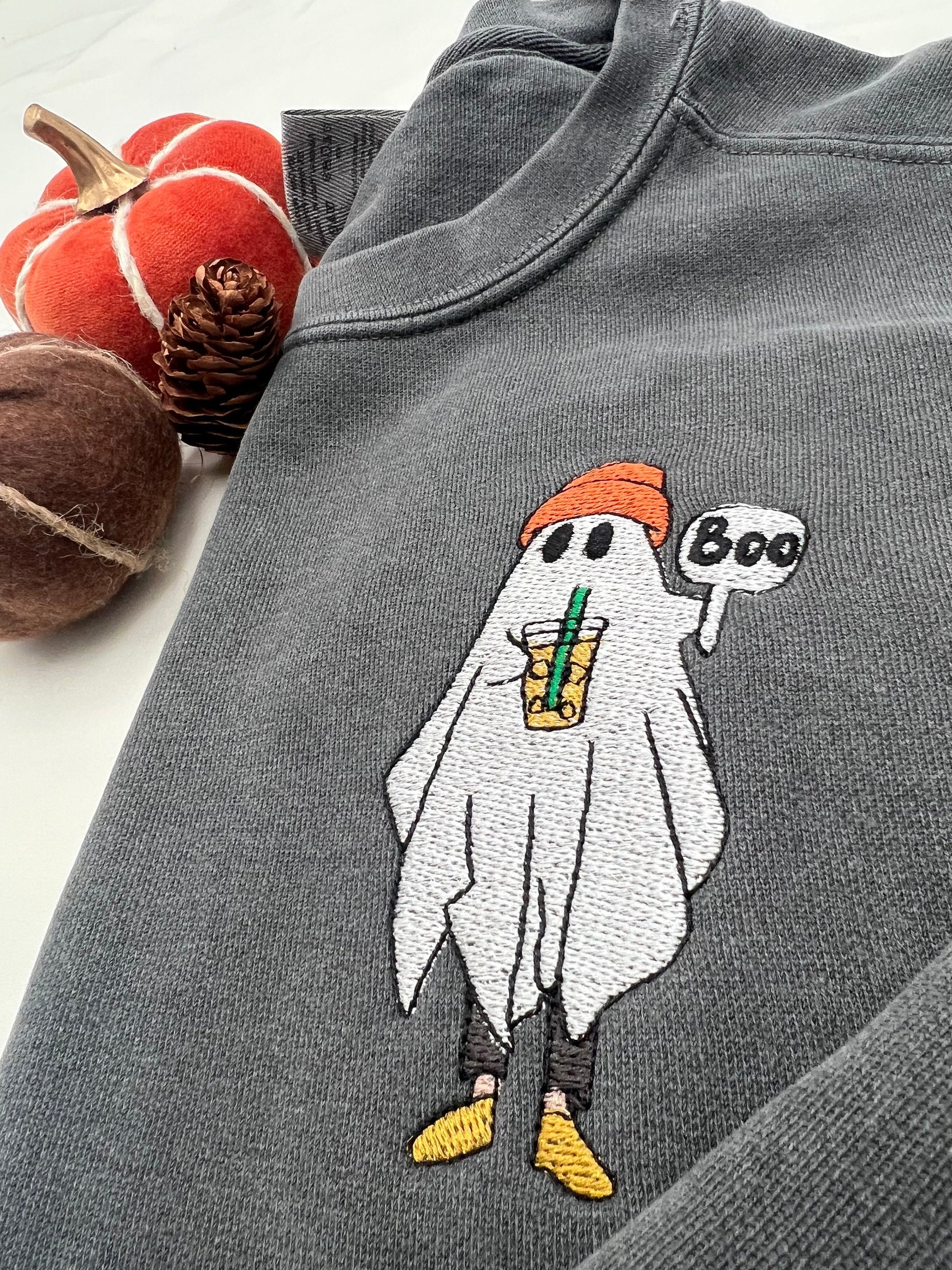 Boba Ghost Embroidered Sweatshirt – Cute Halloween Pullover