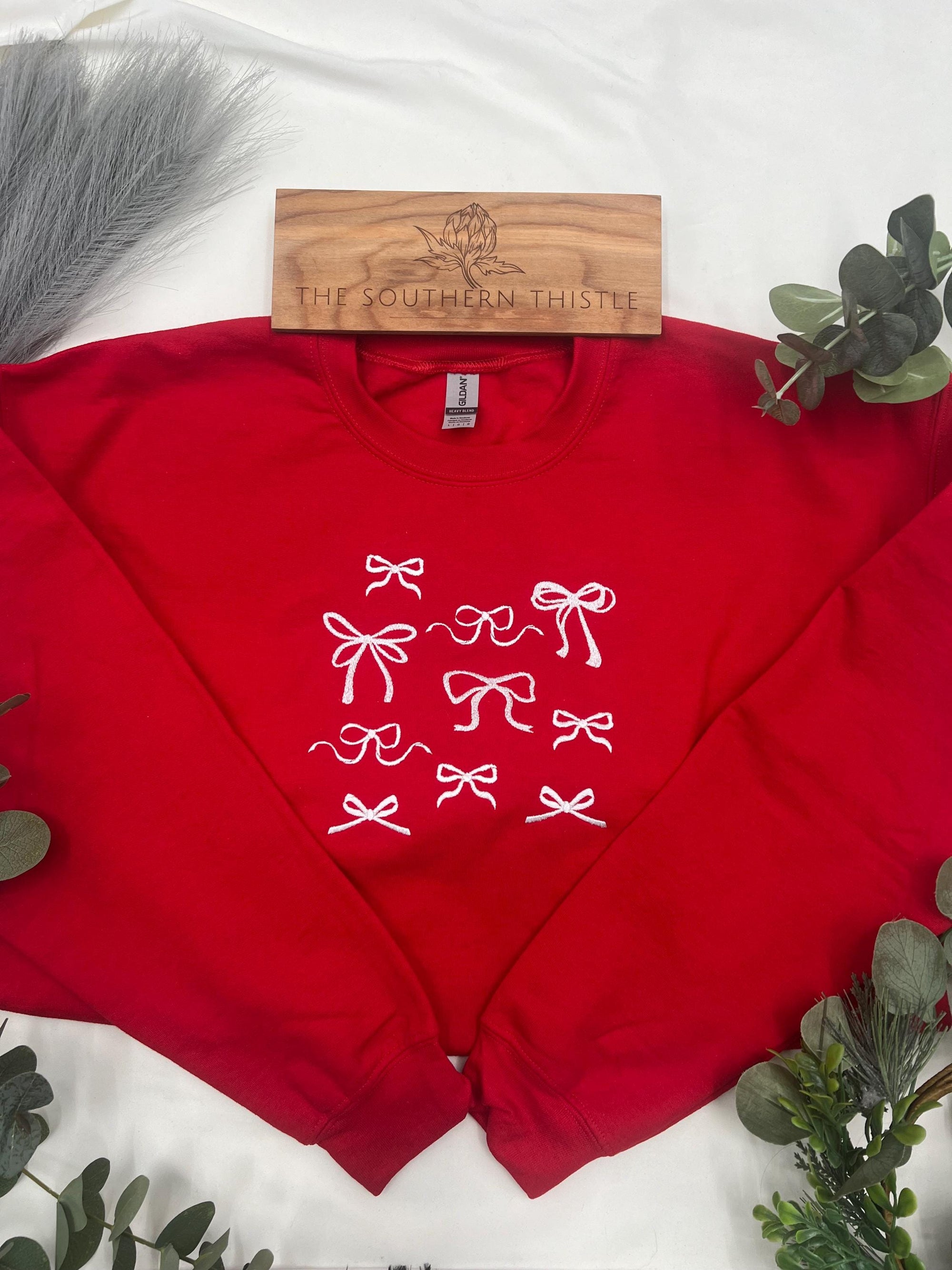 Embroidered Bows Sweatshirt - Bow Christmas Gift - Holiday Bow Sweatshirt - Gift for Her, Bow Sweatshirt, Trendy Coquette Bow Christmas Gift