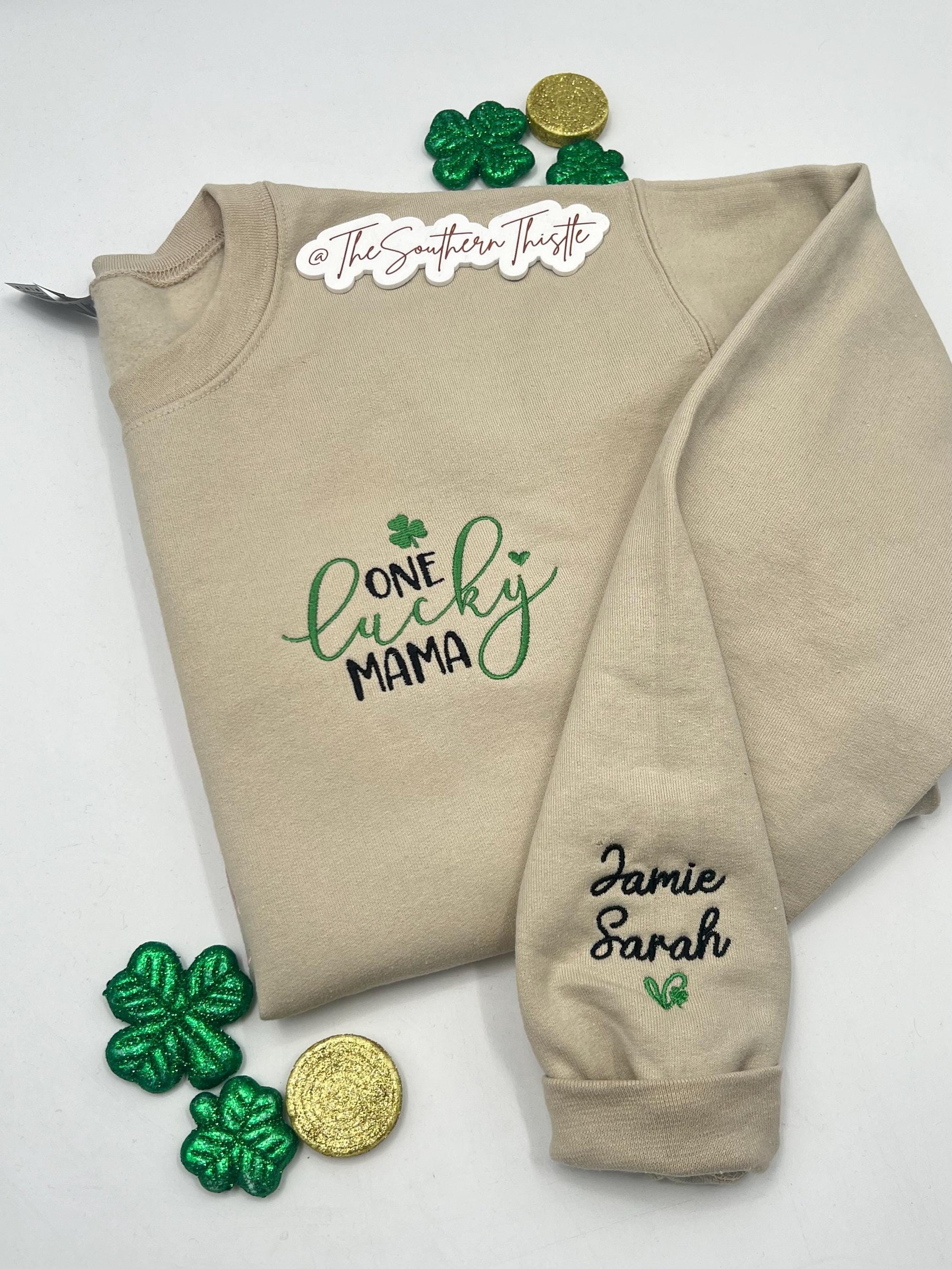 Lucky Mama Sweatshirt One Lucky Mama Sweatshirt - Custom Names on Sleeve - St. Patrick's Day Gift - Perfect for New Moms - Unique Mom Gift