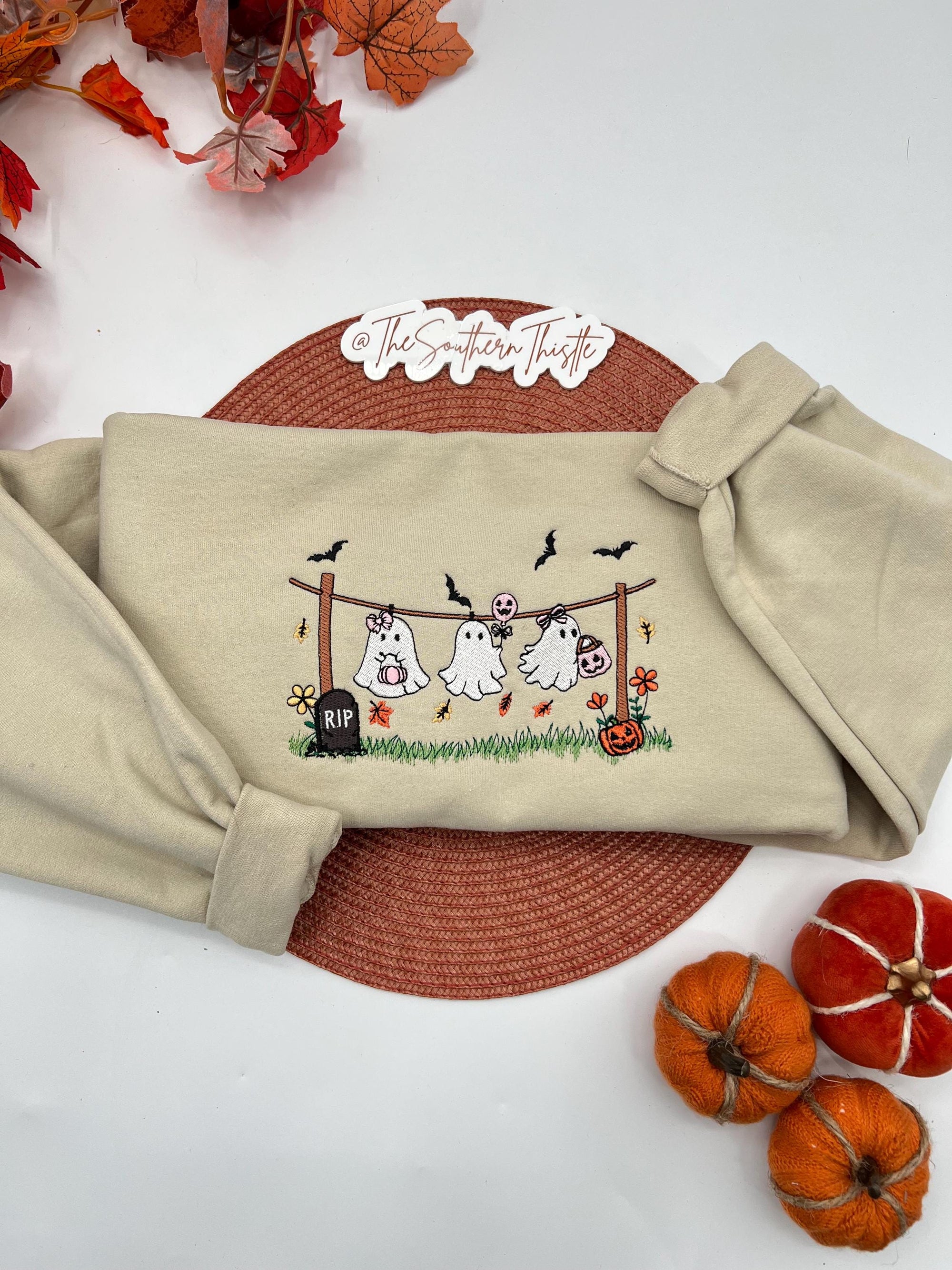Halloween Ghost Clothesline Embroidered Sweatshirt – Cute Spooky Season Pullover