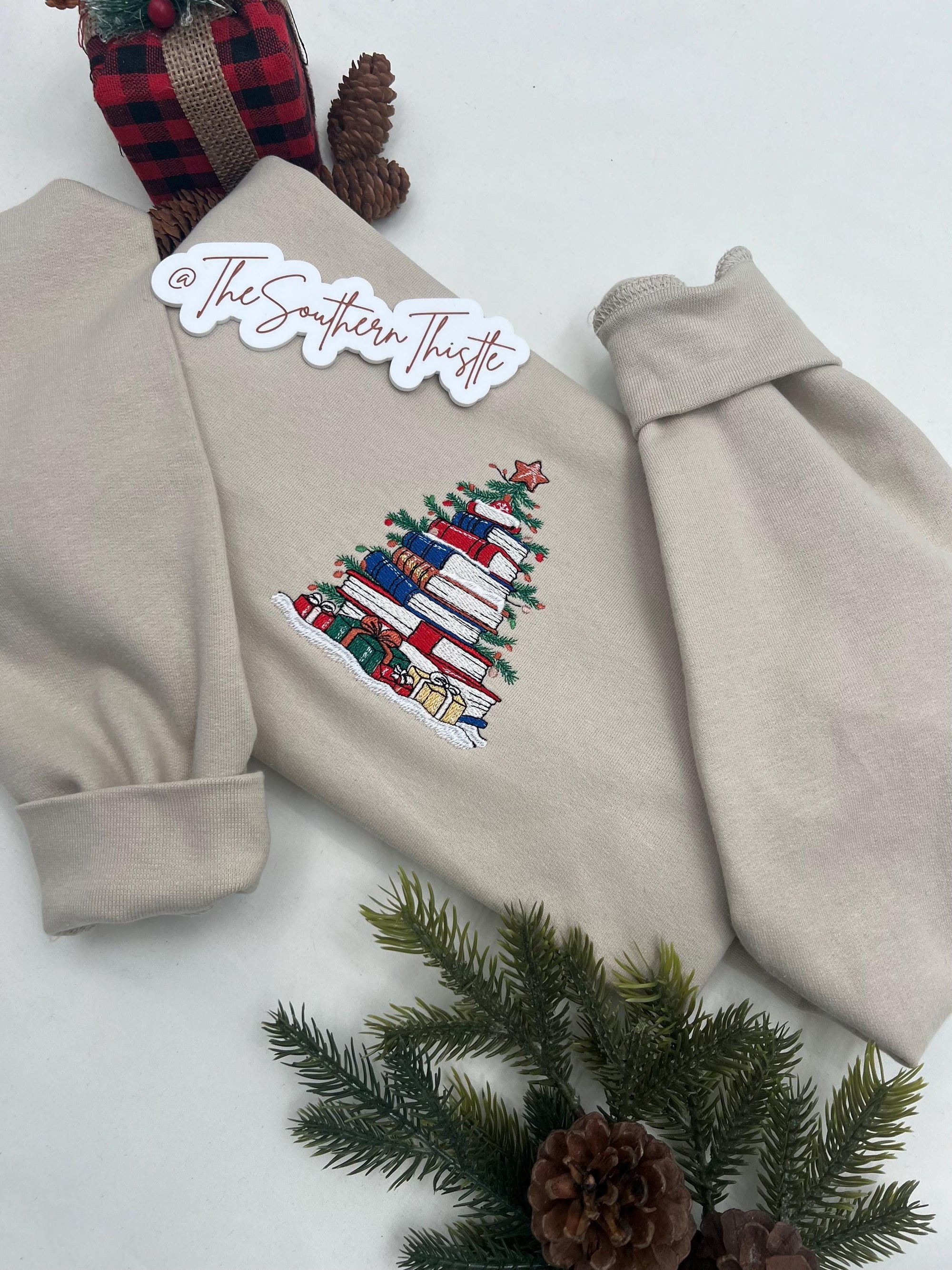 Christmas Book Tree Embroidered Sweatshirt – Cozy Holiday Crewneck