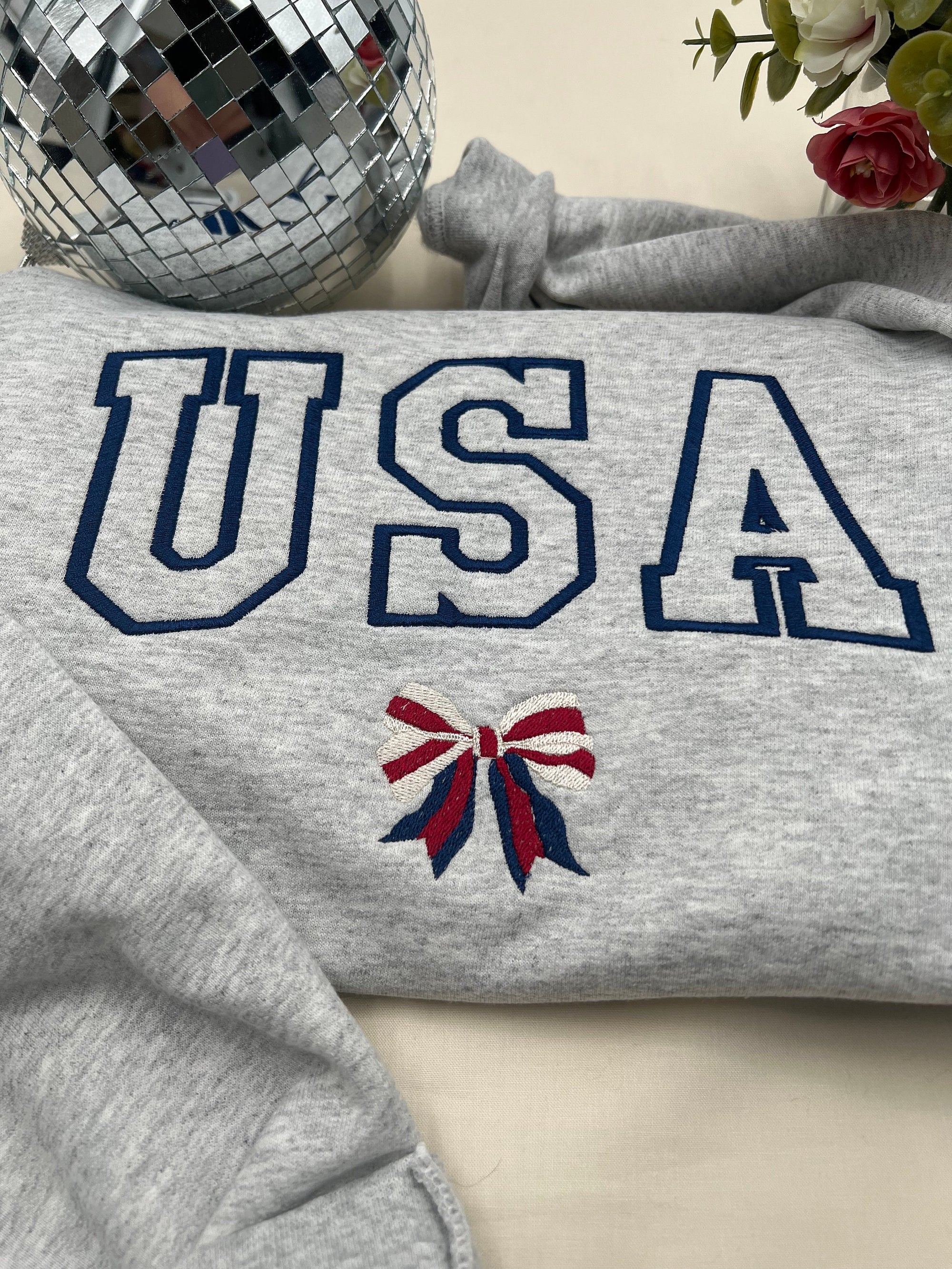 USA Bow Embroidered Sweatshirt – Patriotic Varsity Crewneck