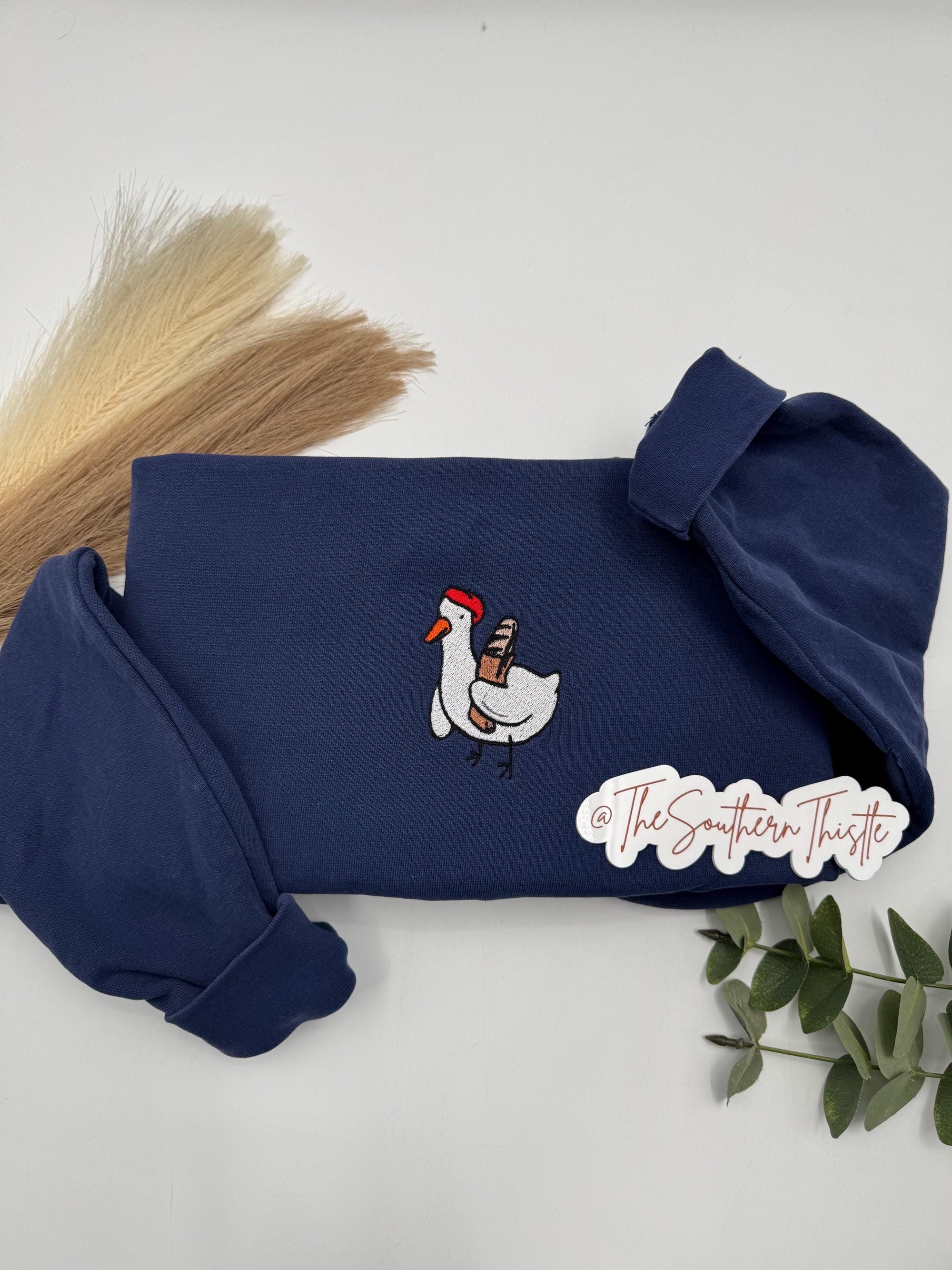 Baguette Goose Embroidered Sweatshirt – Whimsical Cozy Crewneck