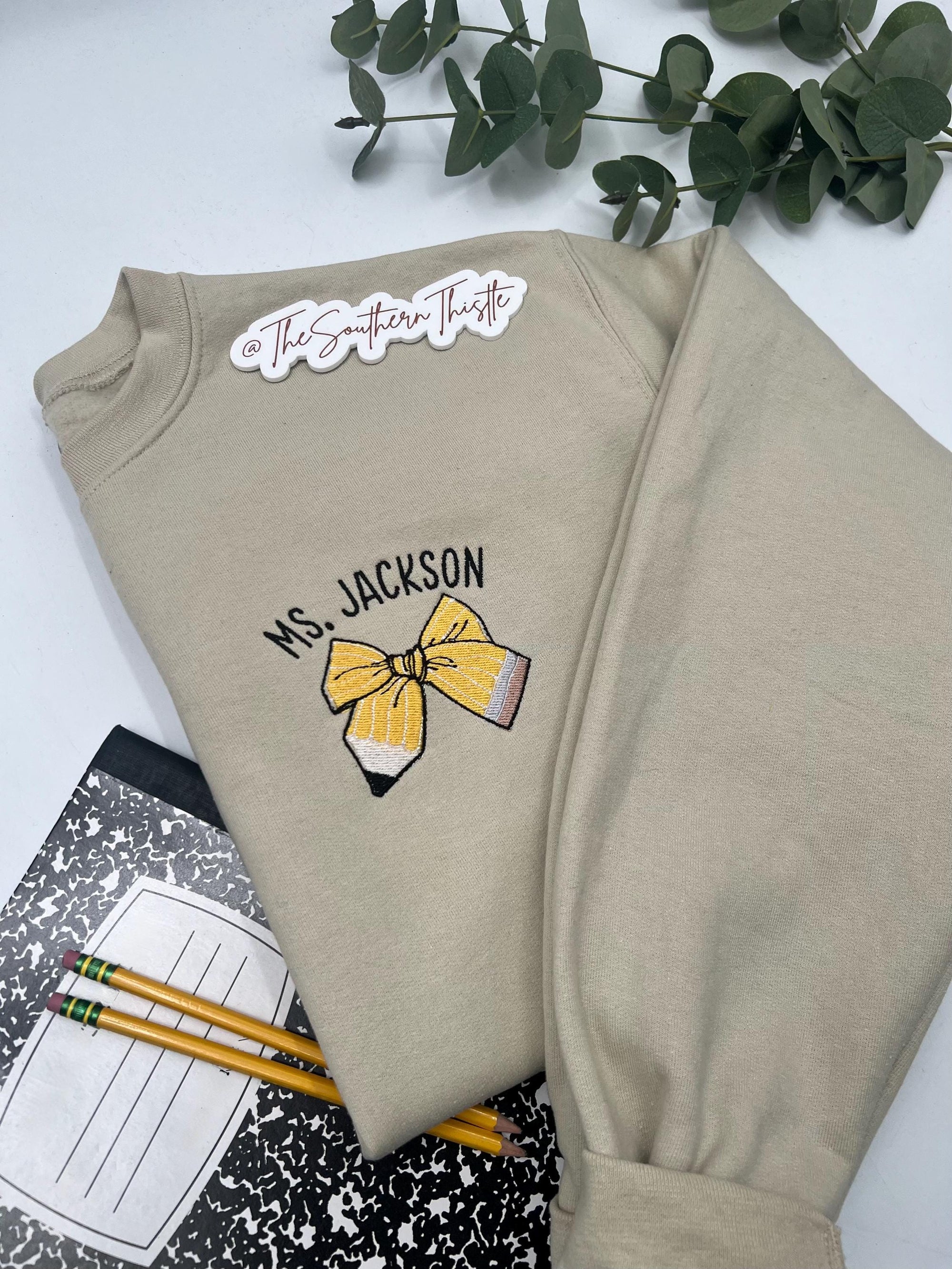 Custom Teacher Bow Embroidered Sweatshirt – Personalized Classroom Crewneck