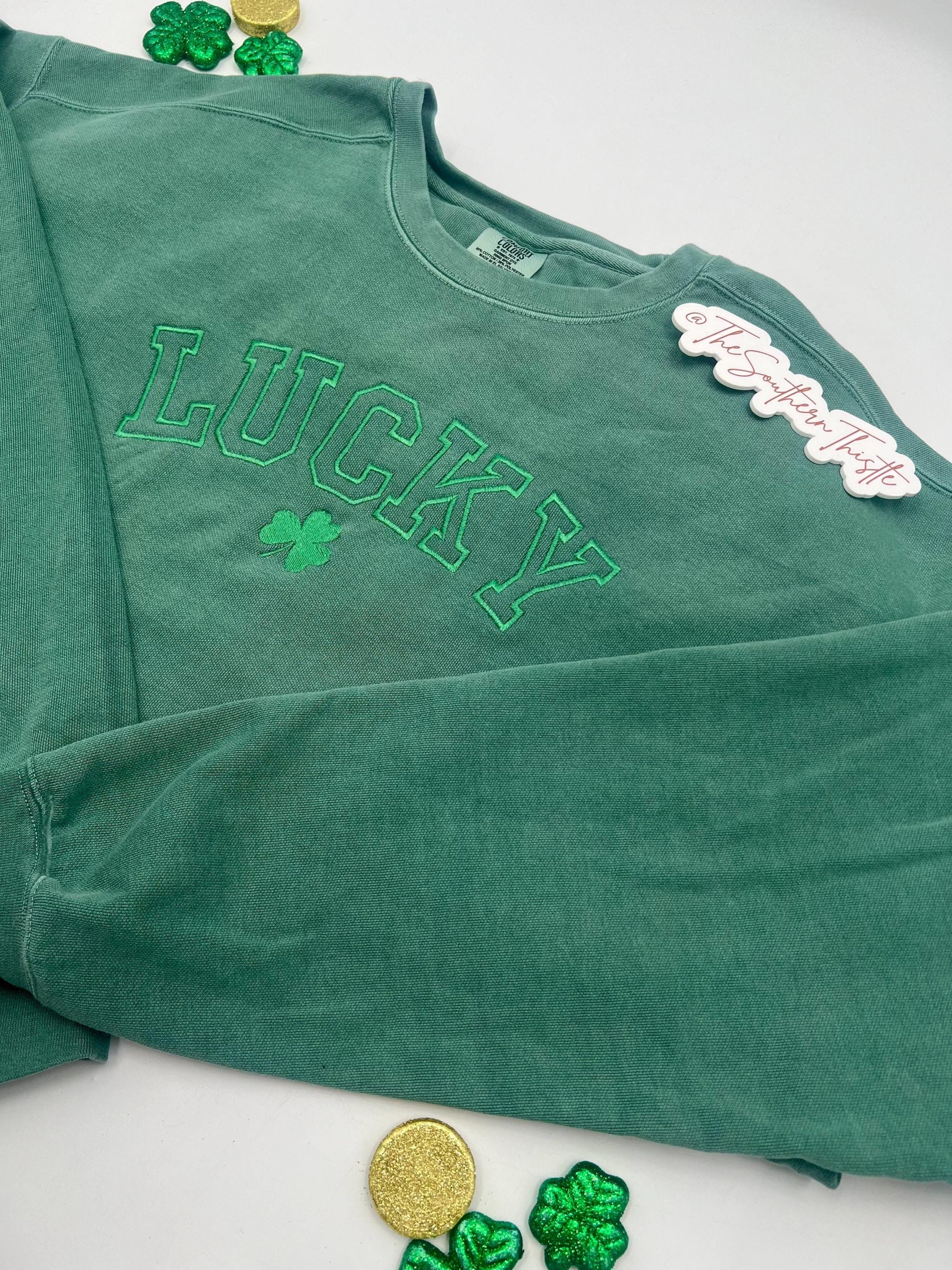 Classic Shamrock Lucky Embroidered Sweatshirt – Bold Outline Font
