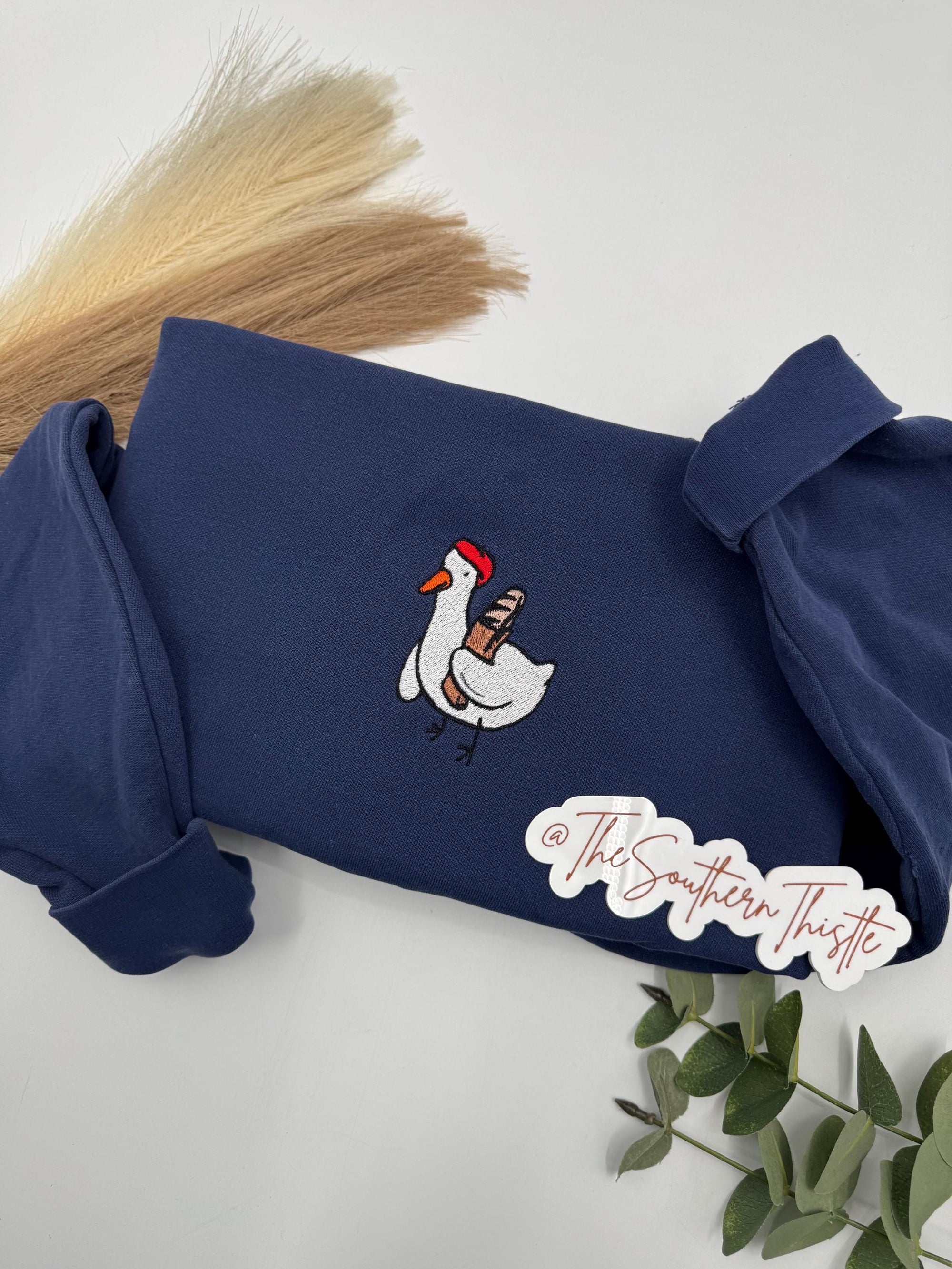 Baguette Goose Embroidered Sweatshirt – Whimsical Cozy Crewneck