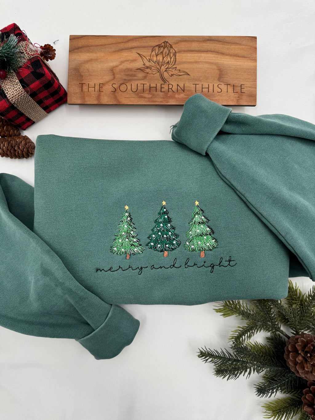 Merry & Bright Embroidered Sweatshirt – Festive Christmas Tree Crewneck