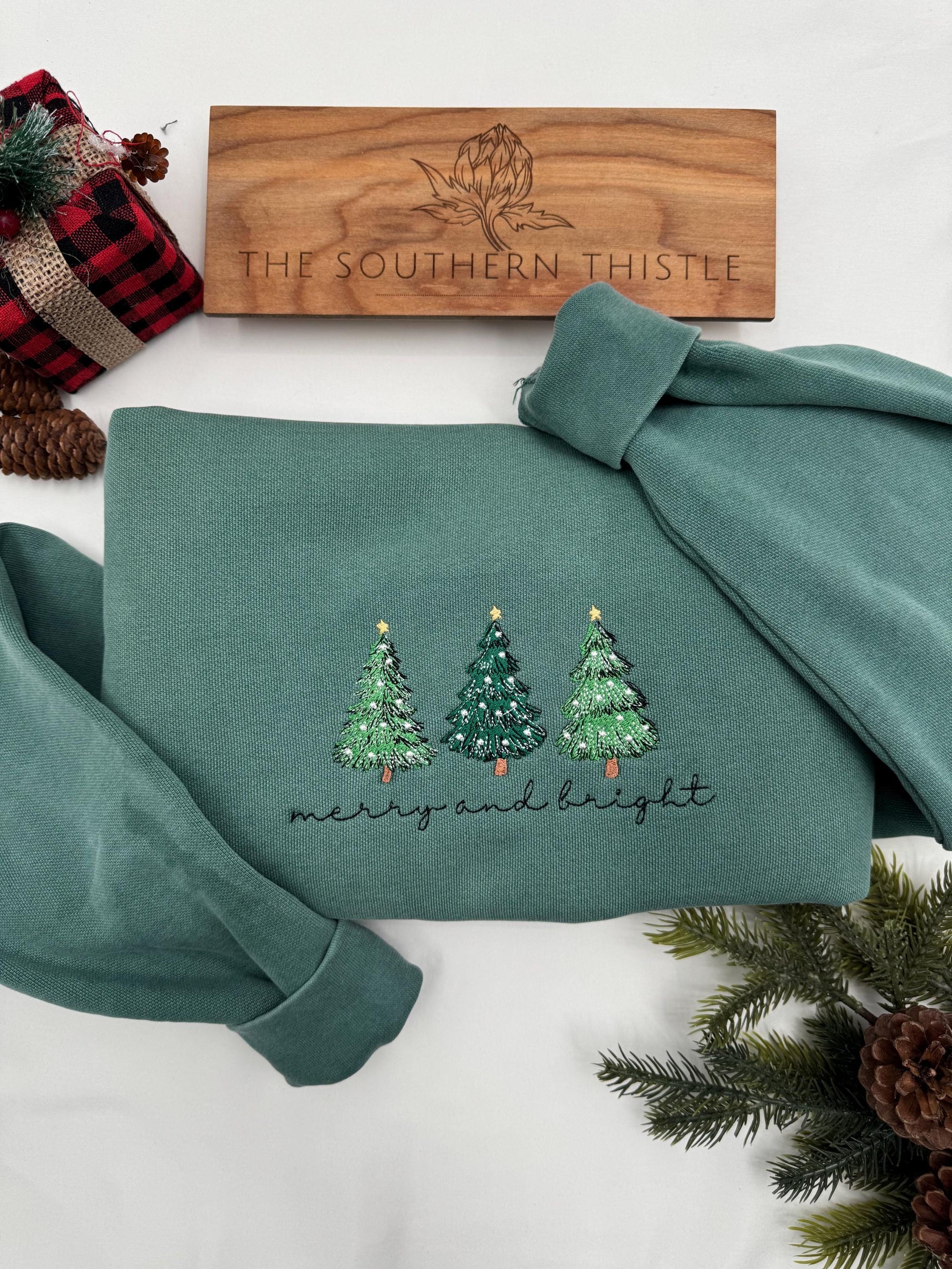 Merry & Bright Embroidered Sweatshirt – Festive Christmas Tree Crewneck