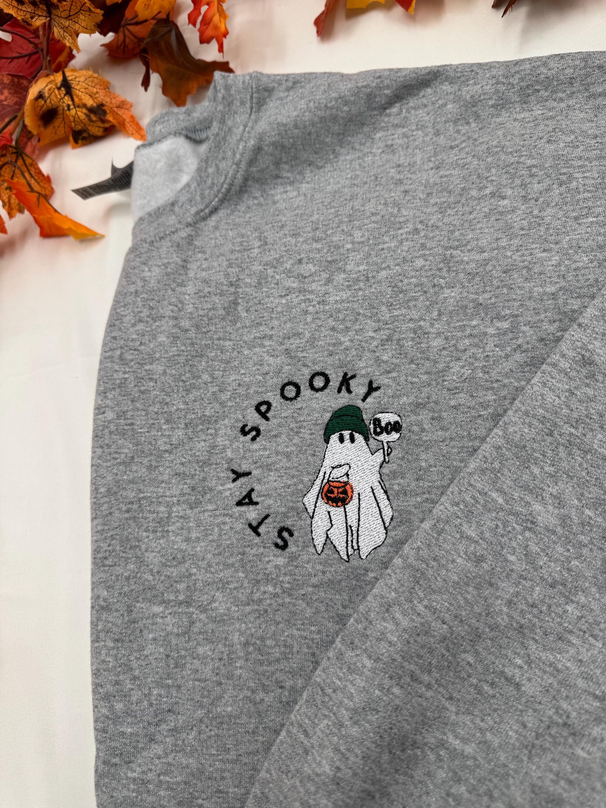 Stay Spooky Ghost Embroidered Sweatshirt – Cute Halloween Pullover