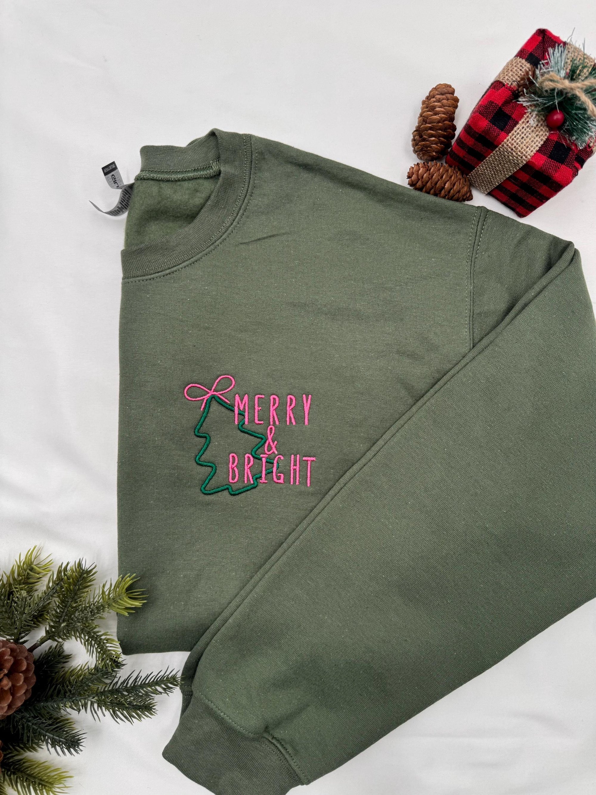 Embroidered Merry & Bright Christmas Sweatshirt – Cozy Holiday Crewneck