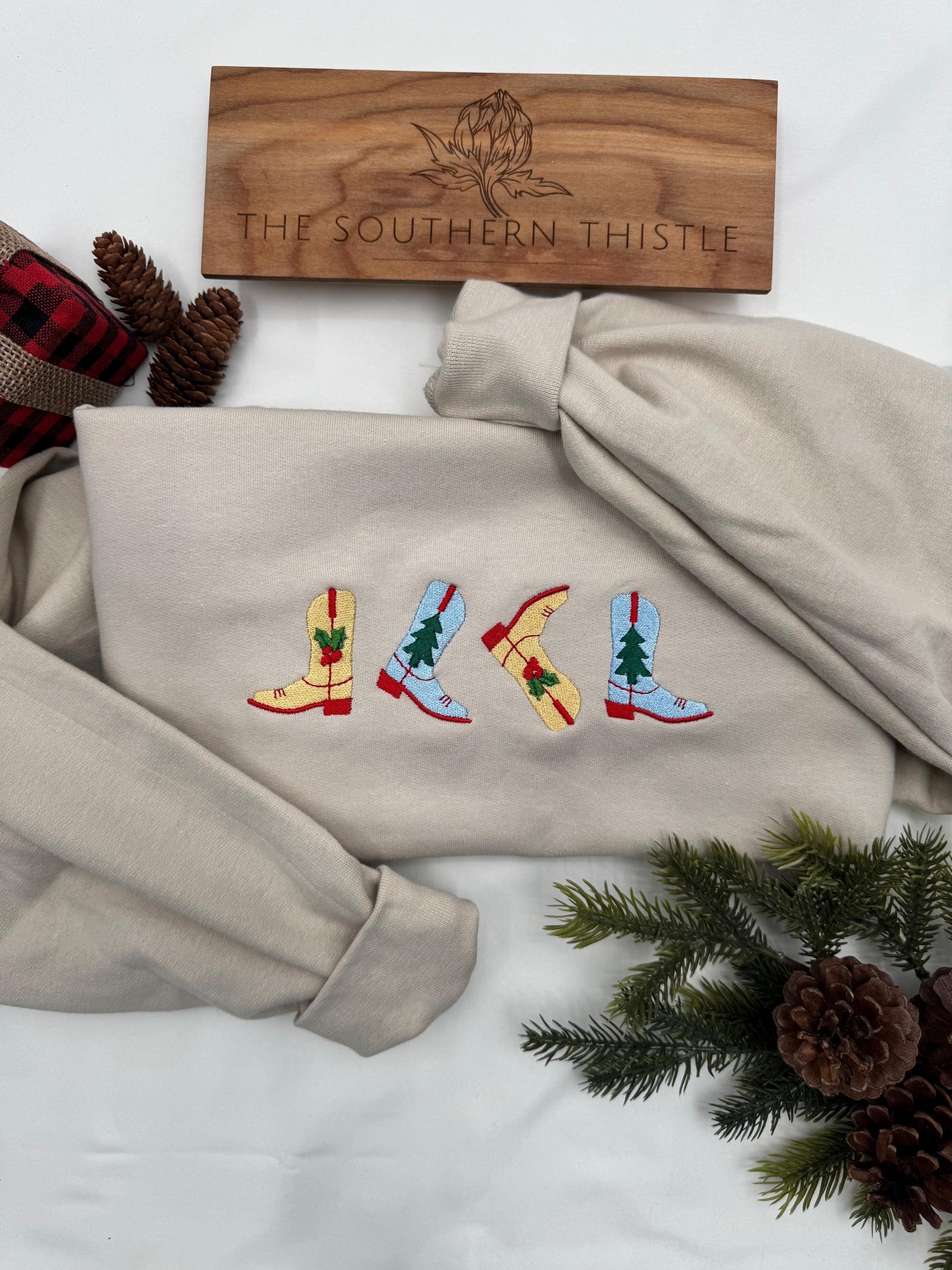 Western Christmas Boots Embroidered Sweatshirt – Festive Holiday Cowboy Crewneck