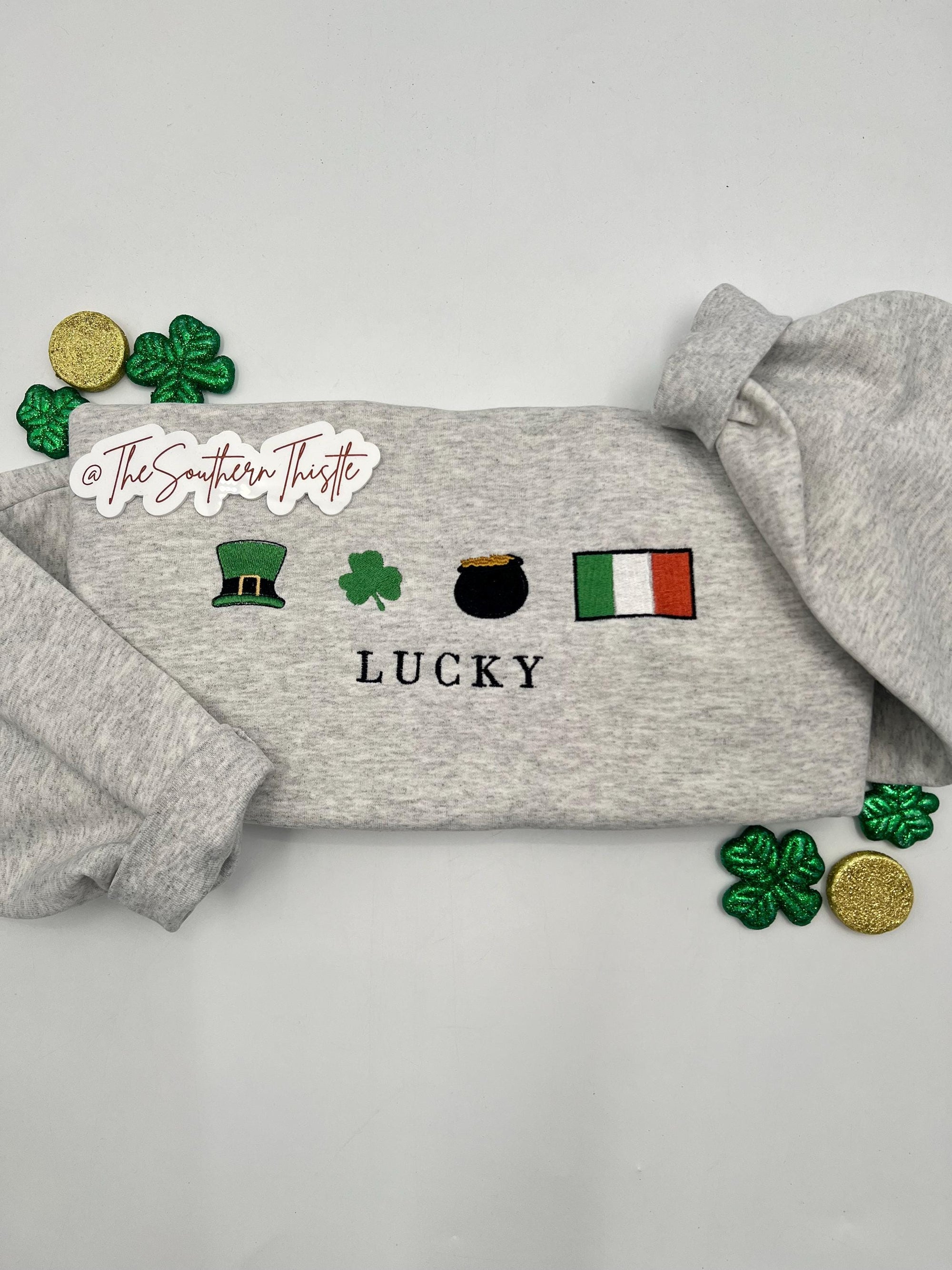 Lucky Icon Embroidered Sweatshirt – Festive Irish Symbols Crewneck