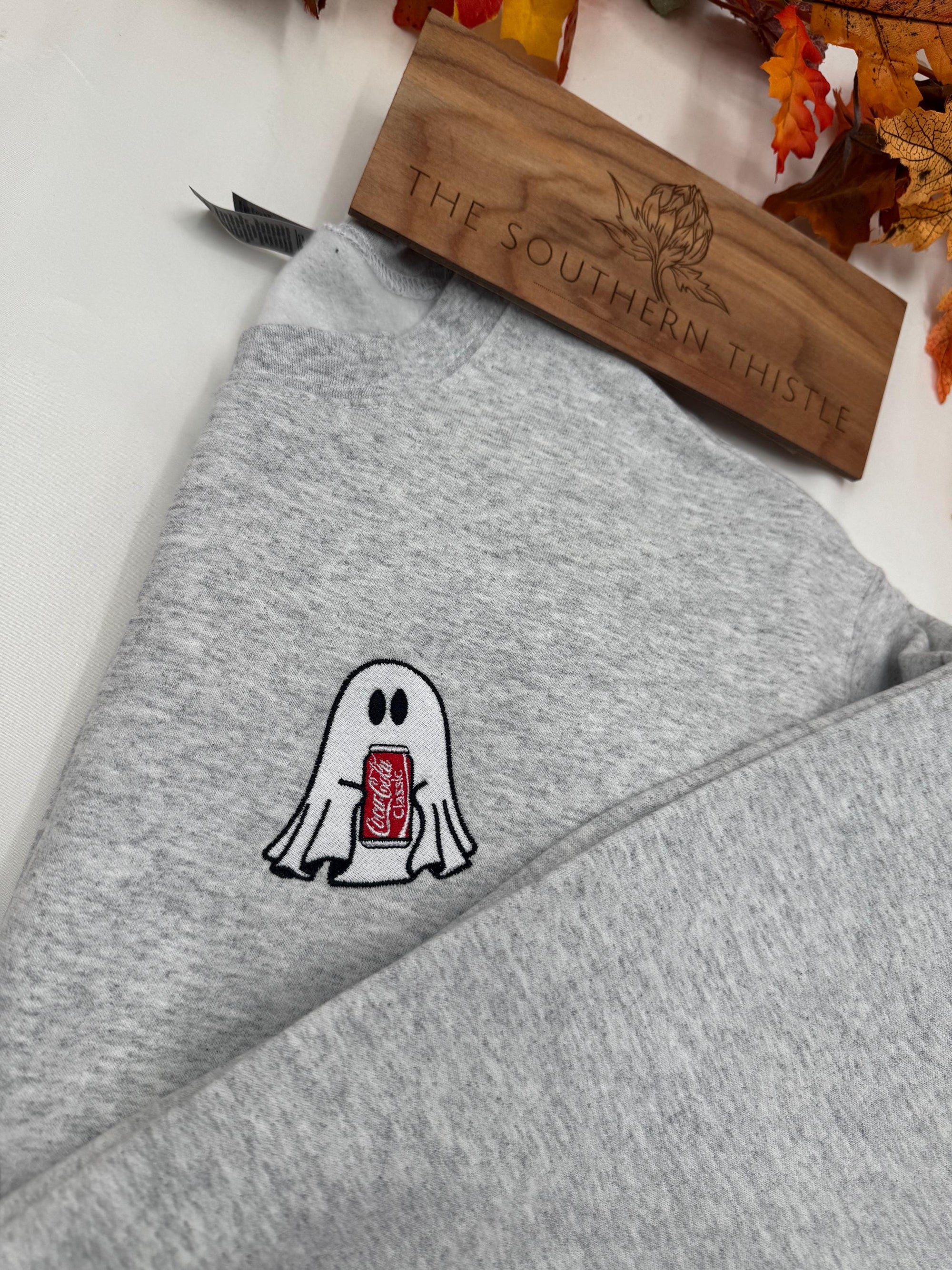 Embroidered Ghost Full Soda Sweatshirt - Embroidered Ghost, Fall Sweatshirt, Cute Ghost Sweatshirt, Halloween Crewneck, Halloween Shirt