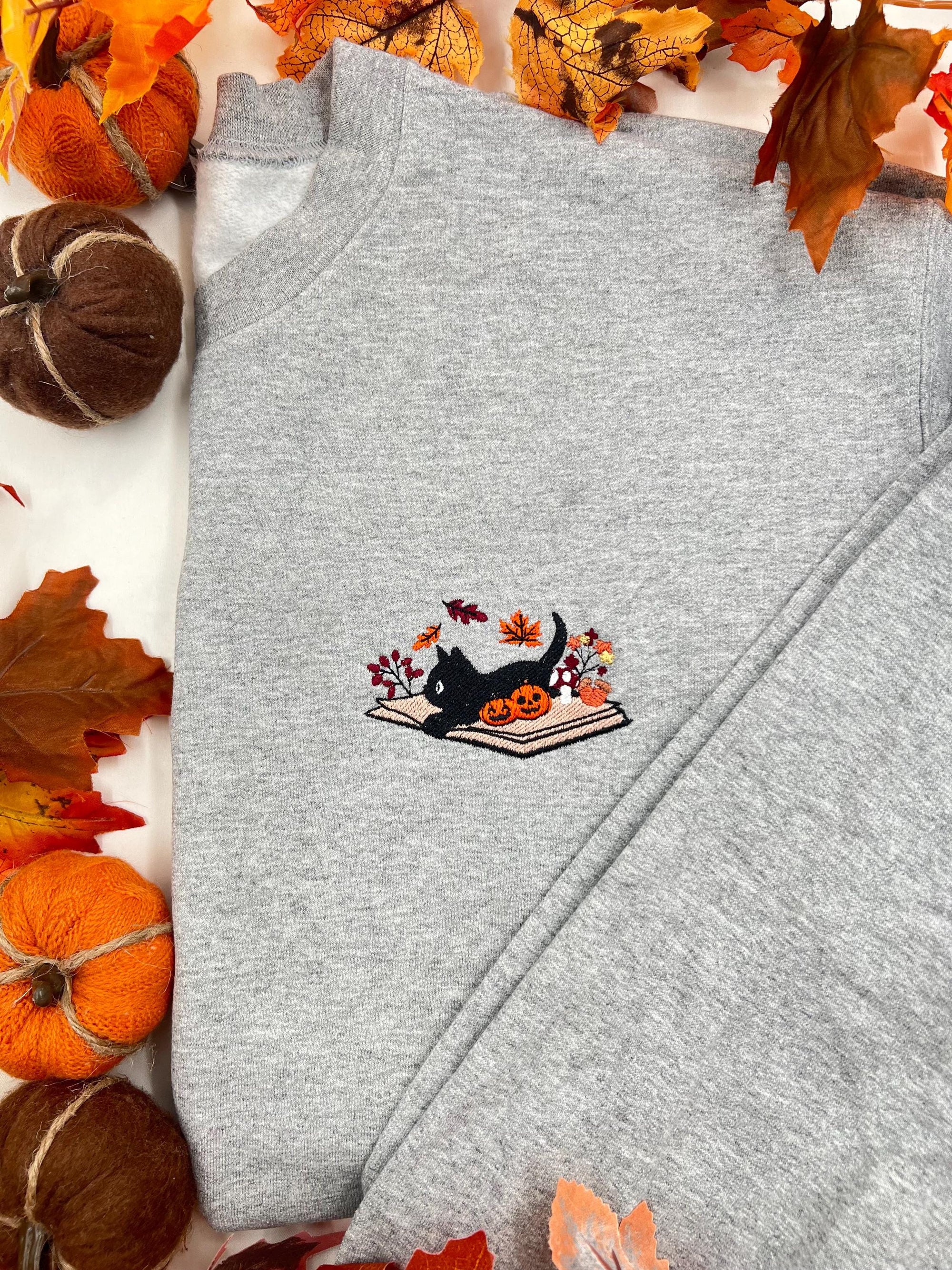 Embroidered Fall Cat Sweatshirt - Embroidered Fall, Halloween Sweatshirt, Embroidered Sweater, Embroidered Cat, Halloween Sweater
