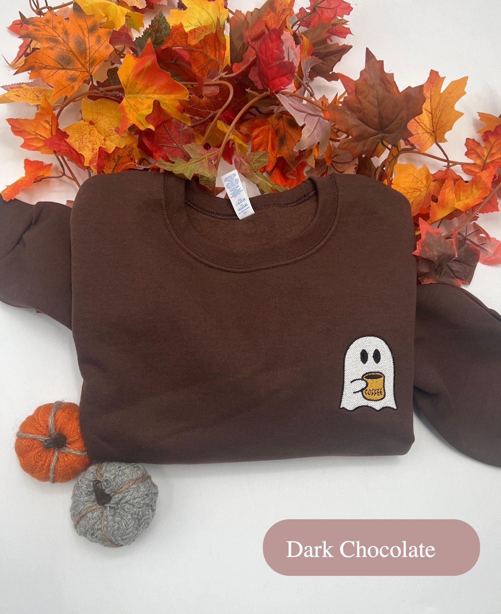 Coffee Ghost Embroidered Sweatshirt – Mini Ghost with a Fall Drink